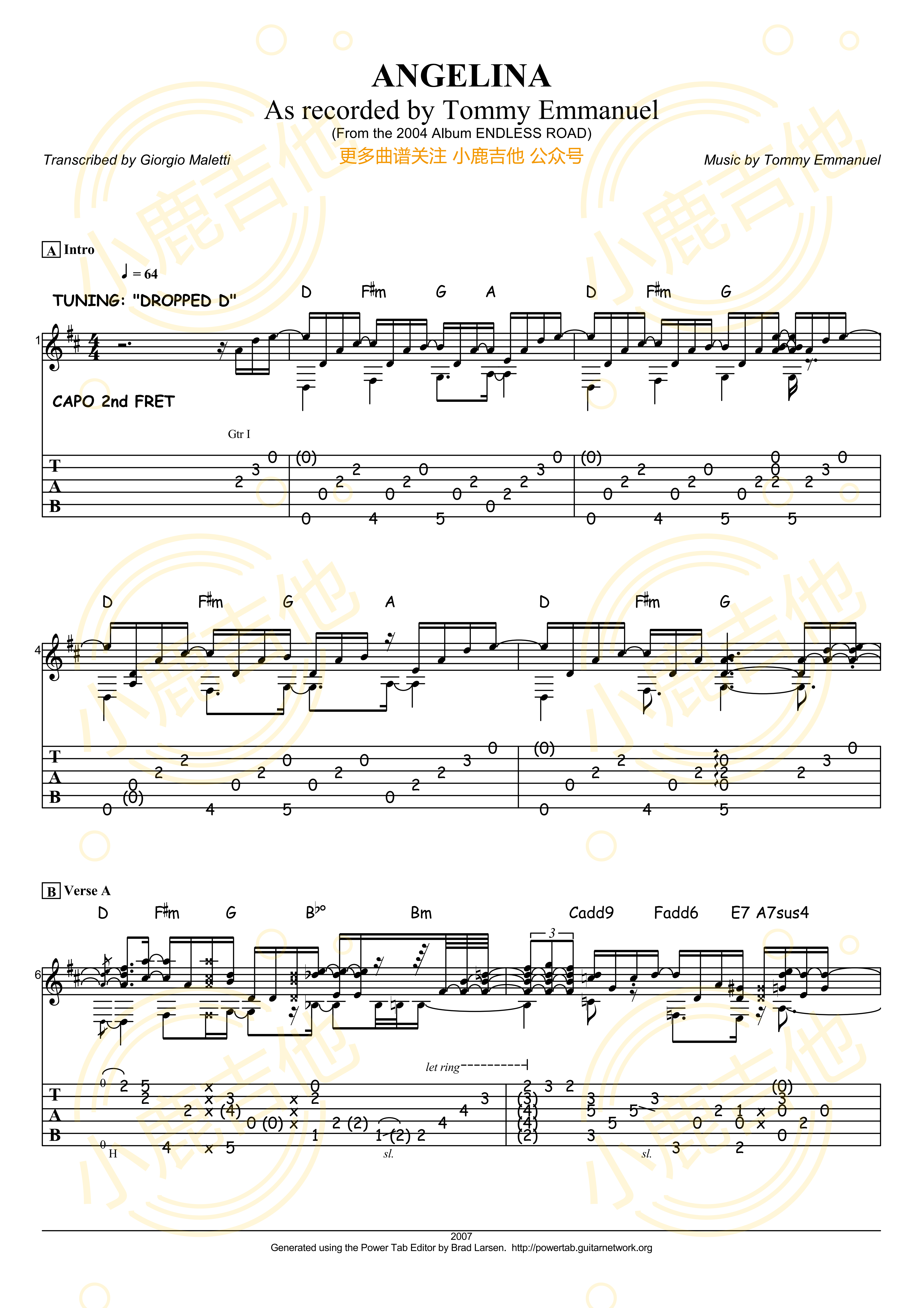 Angelina吉他六线谱 TommyEmmanuel 小鹿吉他