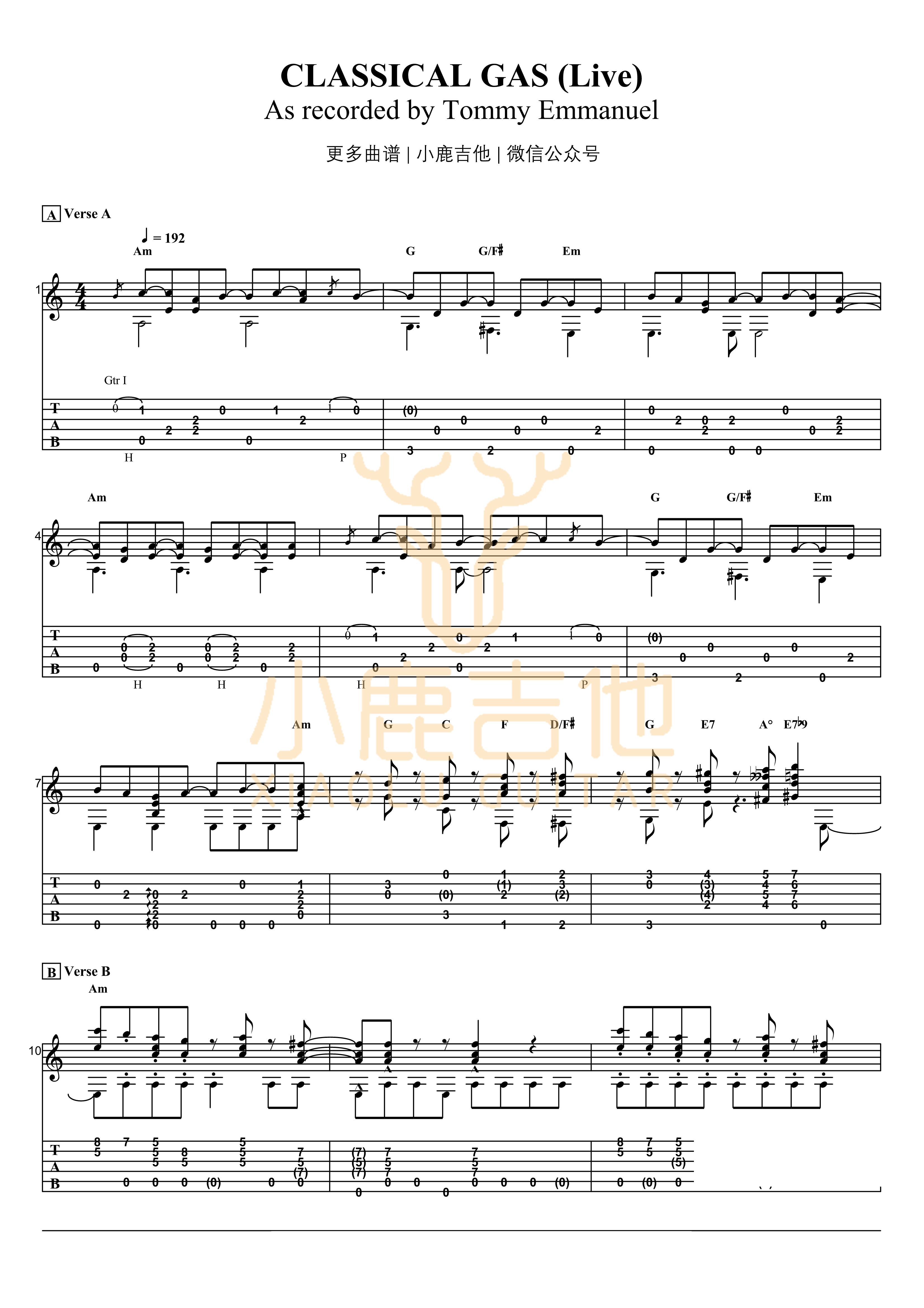 Classical Gas吉他六线谱 TommyEmmanuel ClassicalGas 小鹿吉他