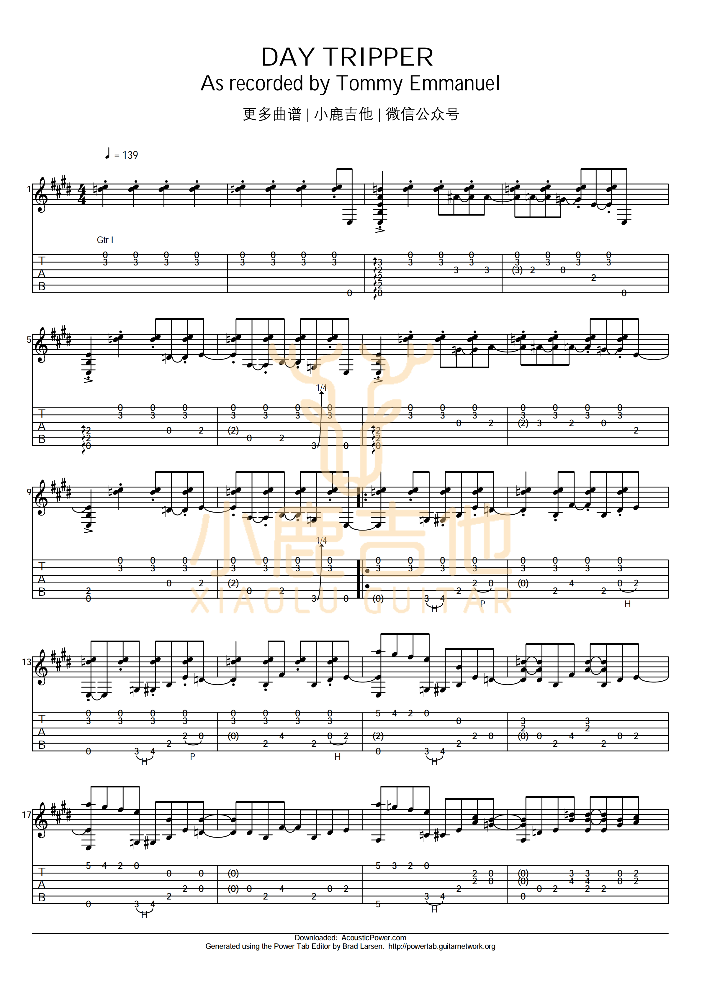 Day Tripper吉他六线谱 TommyEmmanuel DayTripper 小鹿吉他