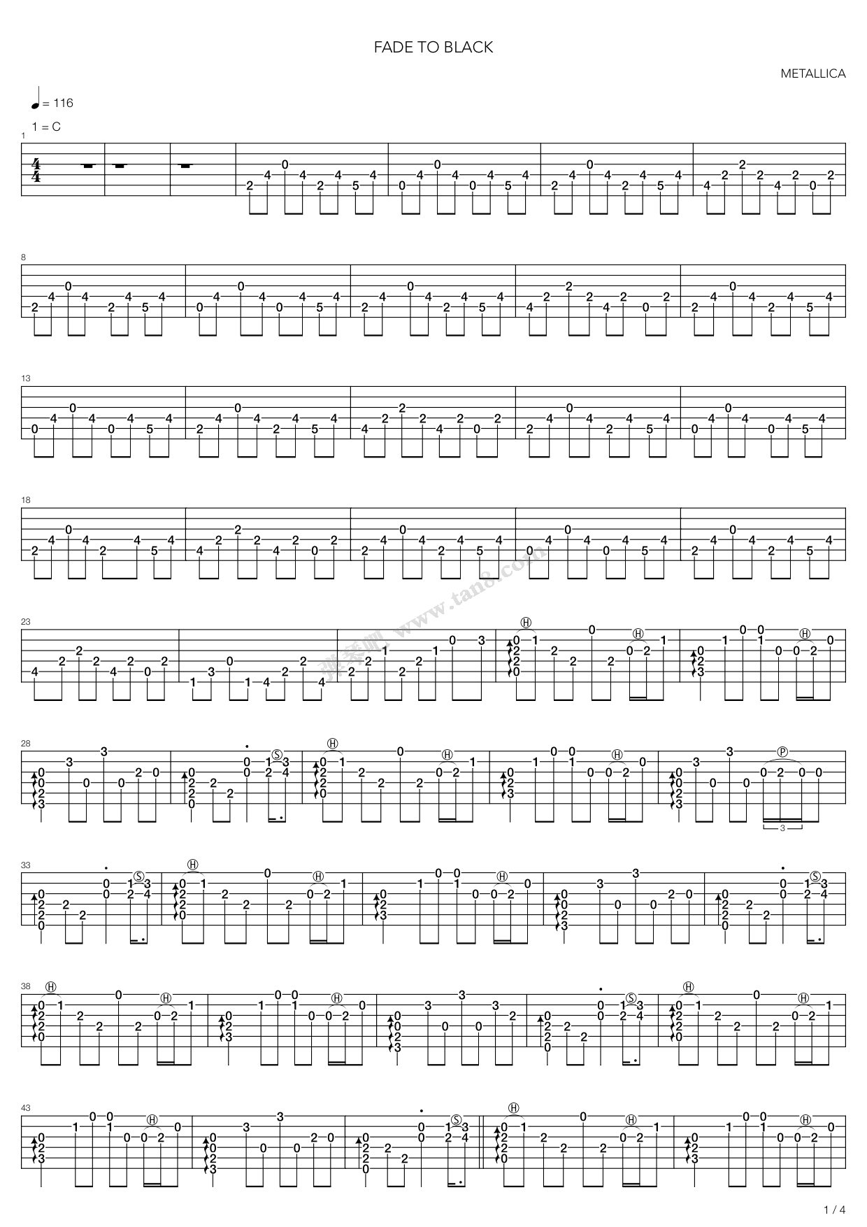 Fade to black吉他六线谱 Metallica Fadetoblack独奏谱C调六线谱 网络转载 调 Fadetoblack