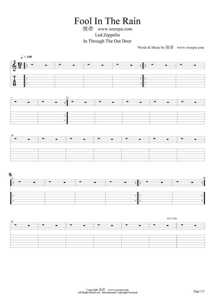 Fool In The Rain吉他六线谱 LedZeppelin FoolInTheRain独奏谱原调六线 网络转载 调 FoolInTheRain