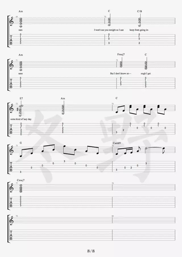 Free Loop吉他六线谱 DanielPowter FreeLoop 冬野吉他