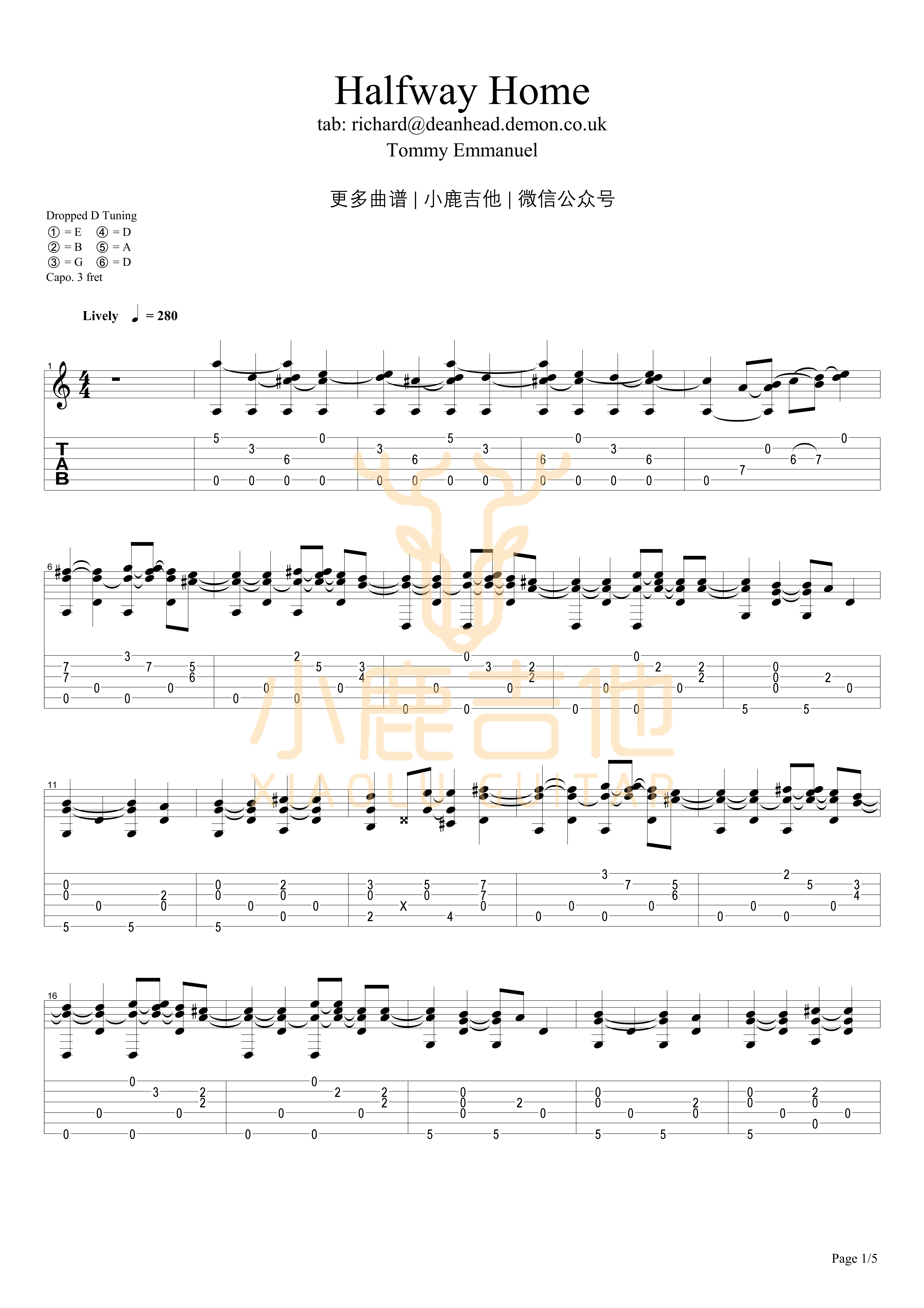 Halfway Home吉他六线谱 TommyEmmanuel HalfwayHome 小鹿吉他