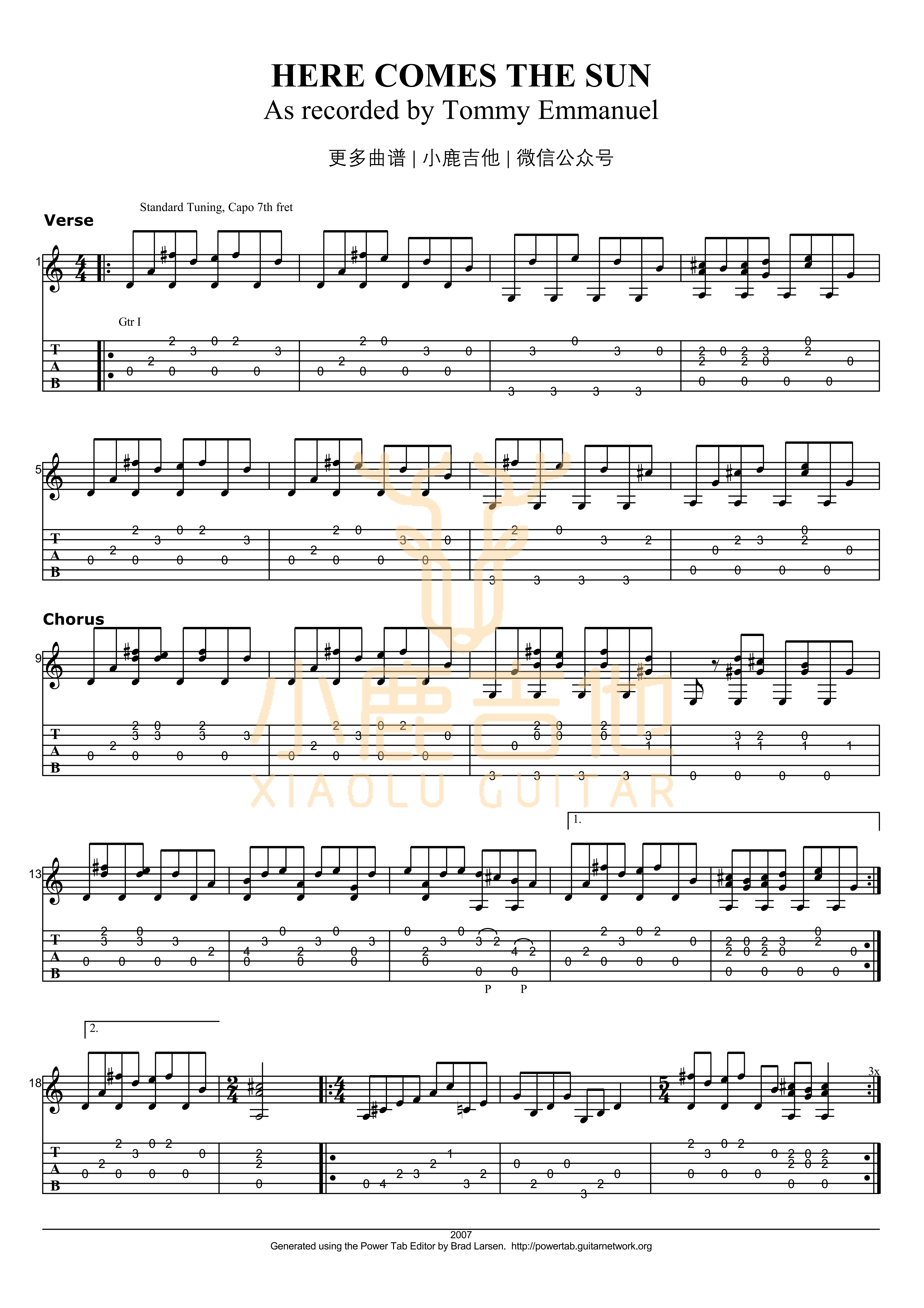 Here Comes The Sun吉他六线谱 TommyEmmanuel HereComesTheSun 小鹿吉他