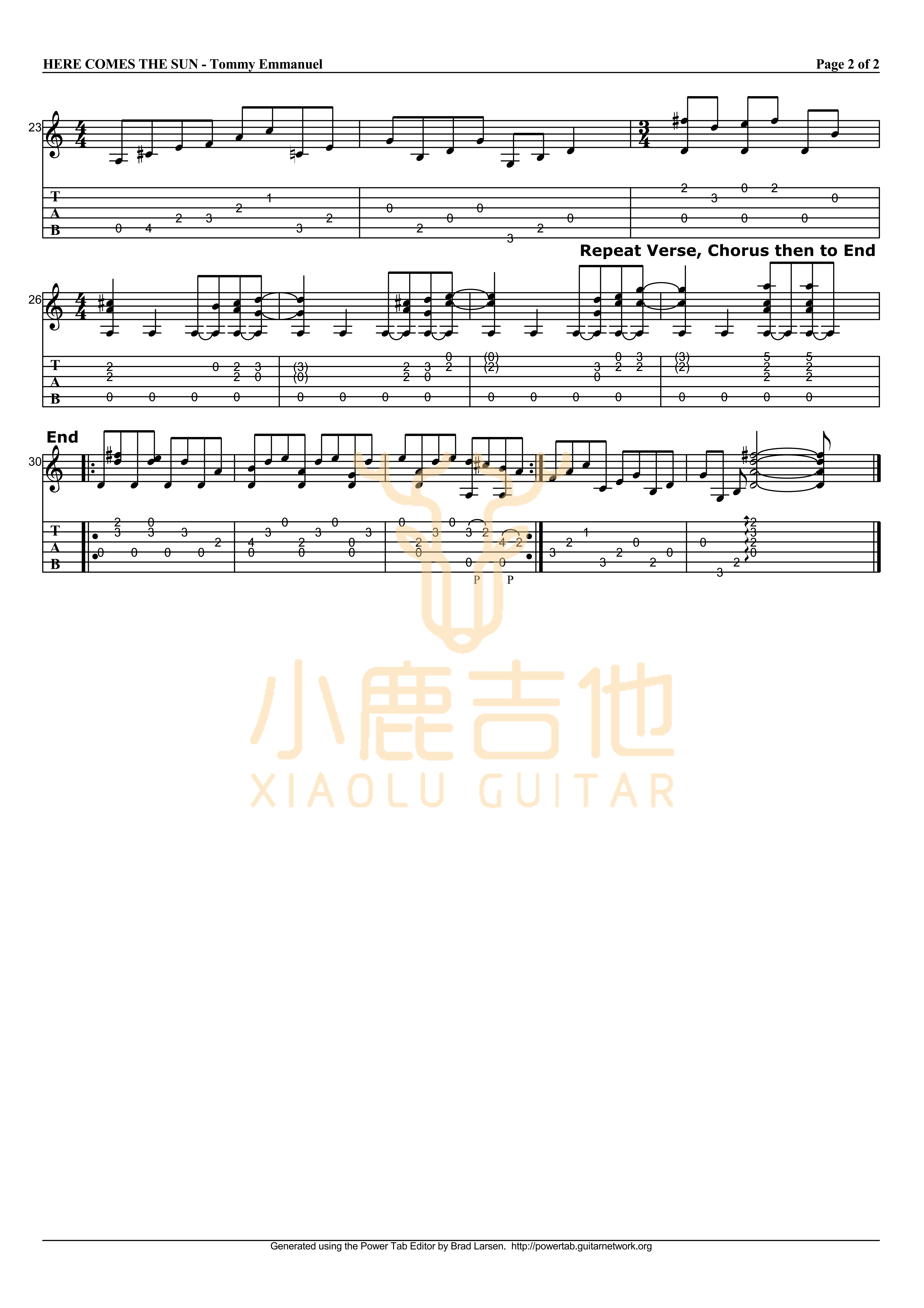 Here Comes The Sun吉他六线谱 TommyEmmanuel HereComesTheSun 小鹿吉他