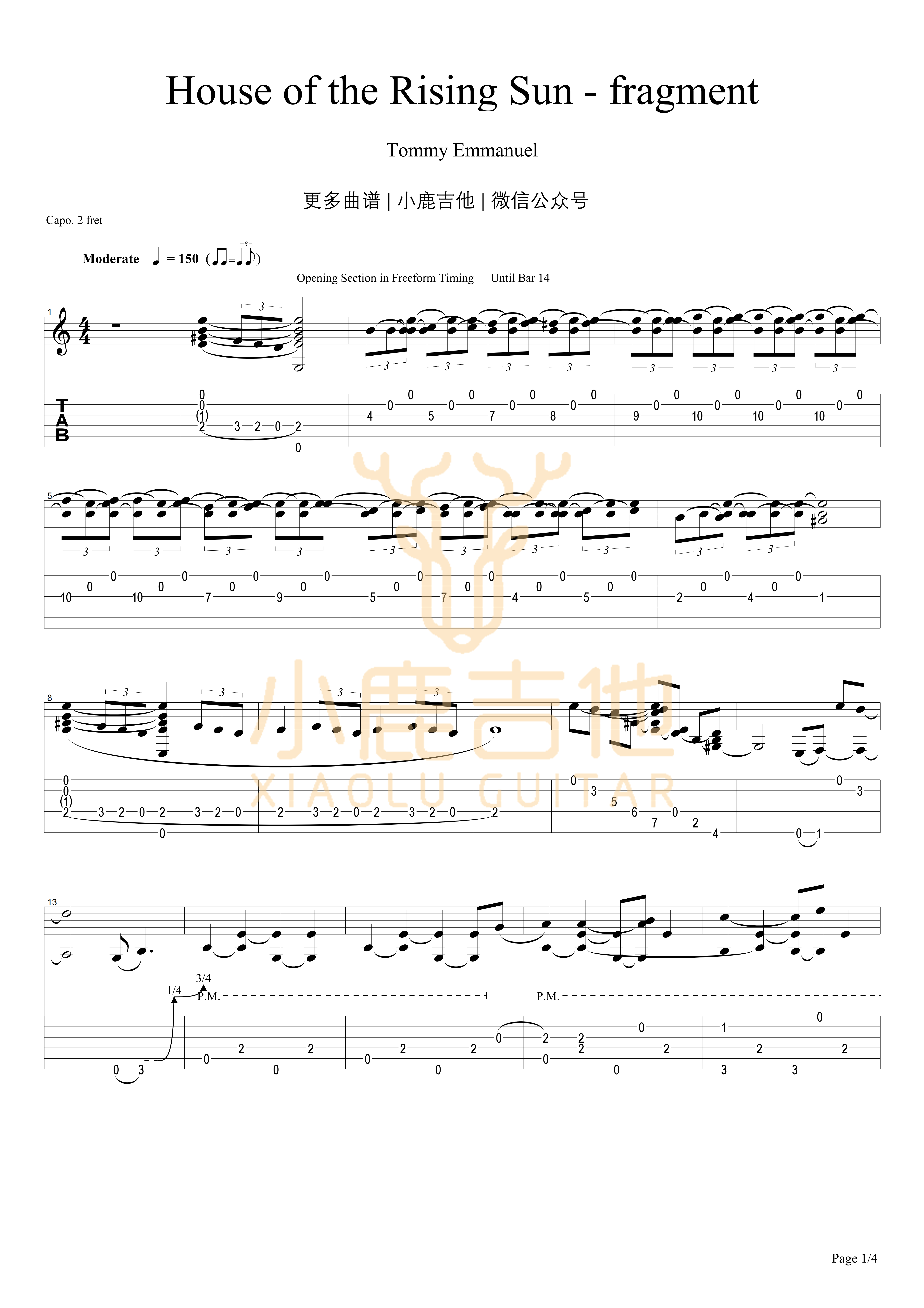 House Of The Rising Sun-fragment吉他六线谱 TommyEmmanuel HouseOfTheRisingSun- 小鹿吉他