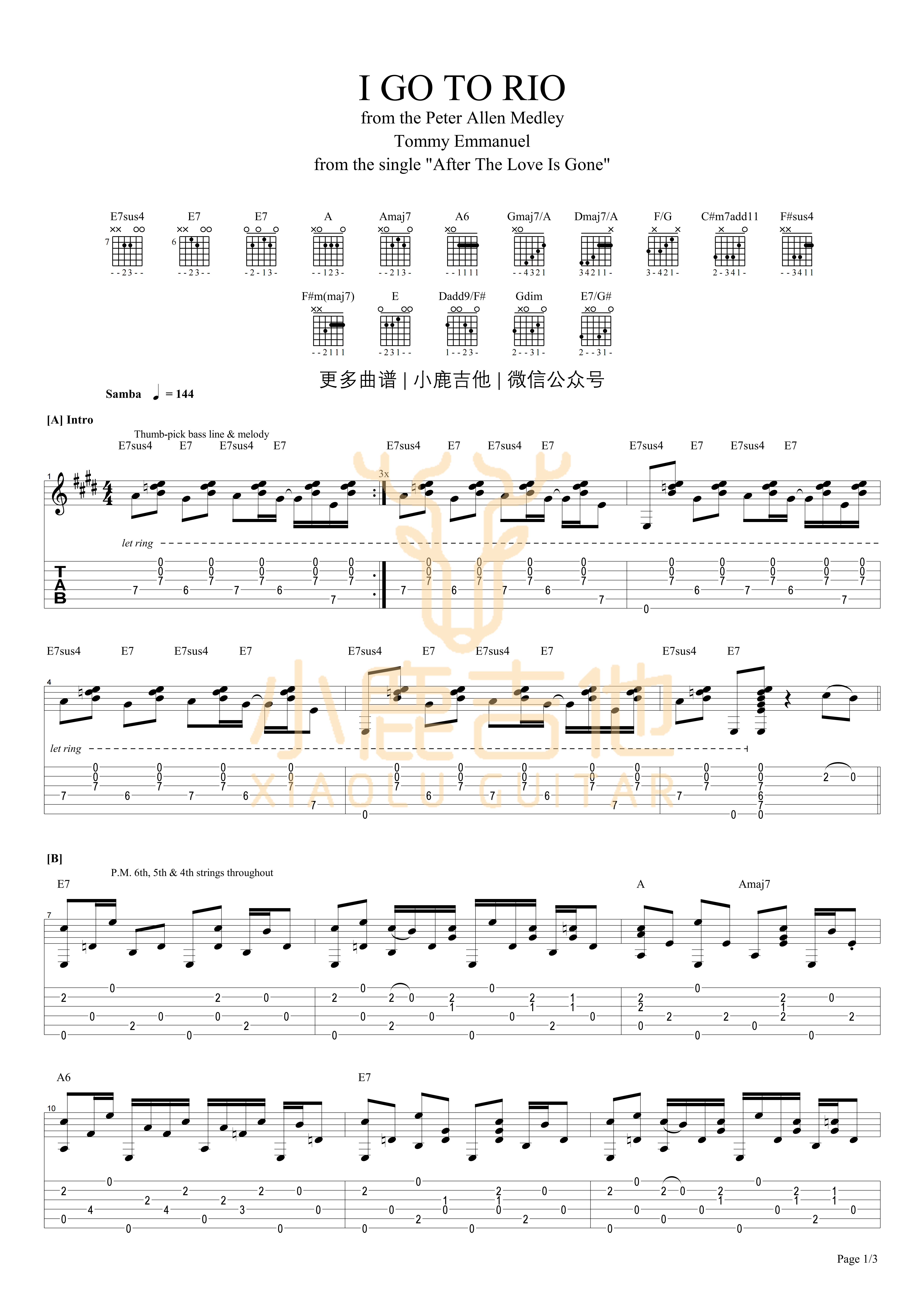 I Go To Rio吉他六线谱 TommyEmmanuel IGoToRio 小鹿吉他