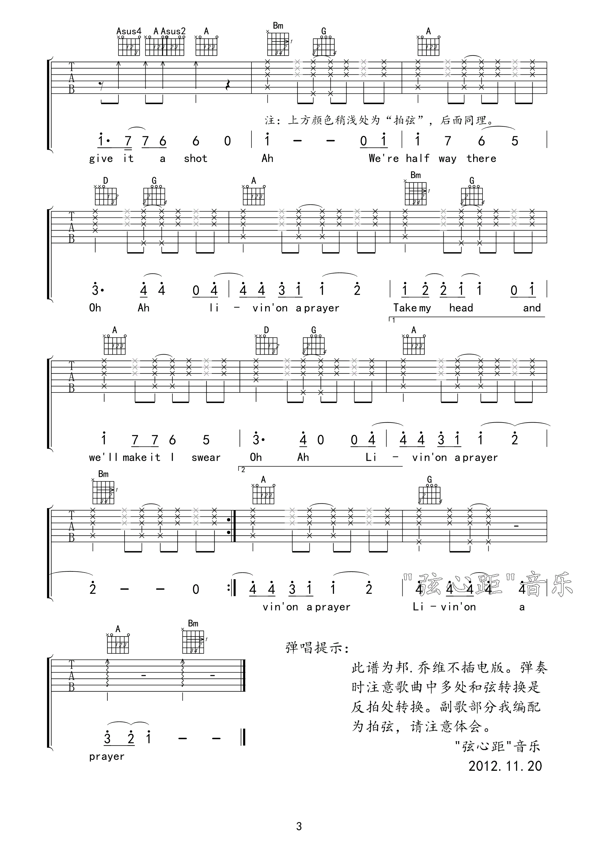Livin On A Praye吉他六线谱 BonJovi LivinOnAPraye 弦心距 D调