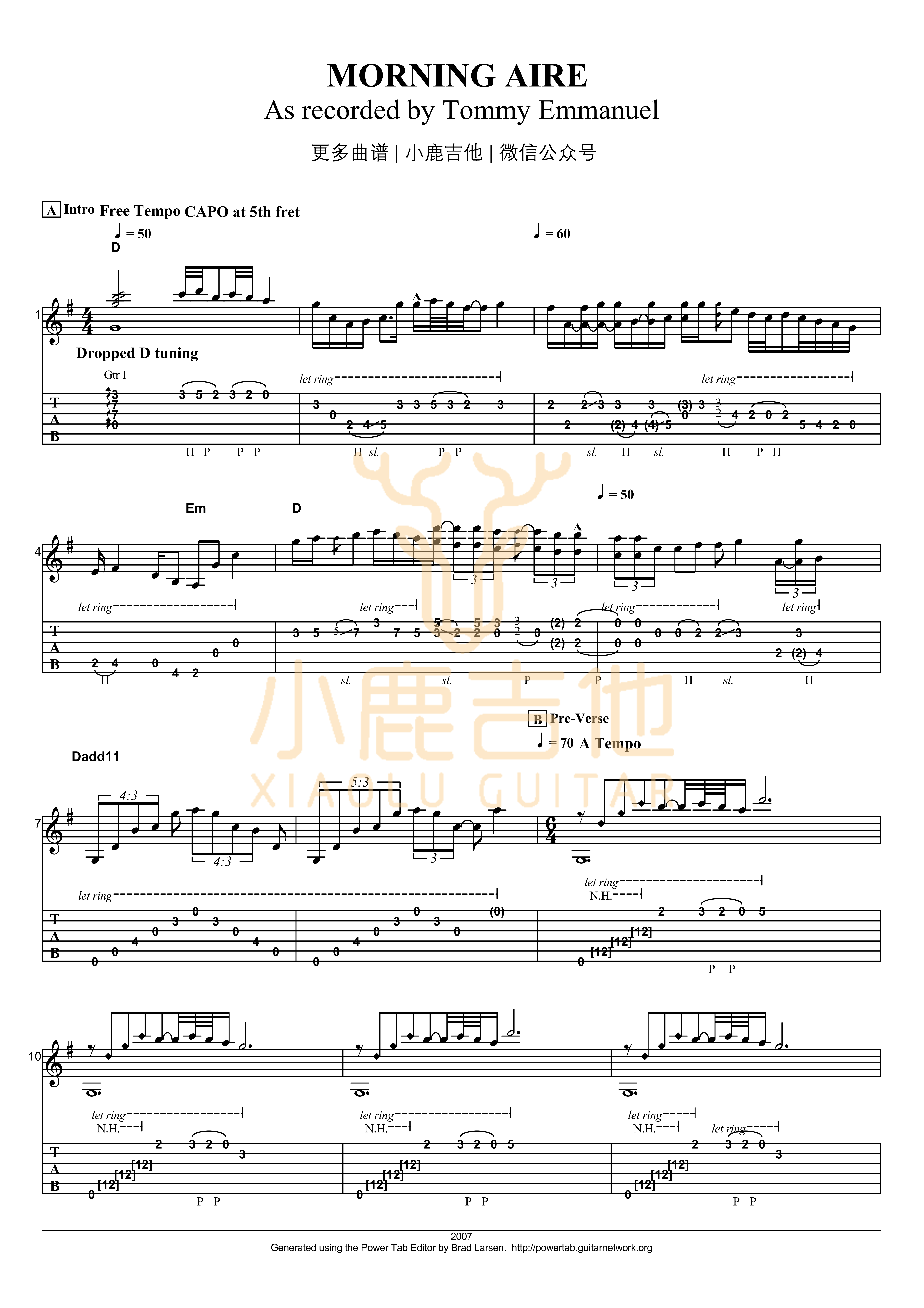 Morning Aire吉他六线谱 TommyEmmanuel MorningAire 小鹿吉他