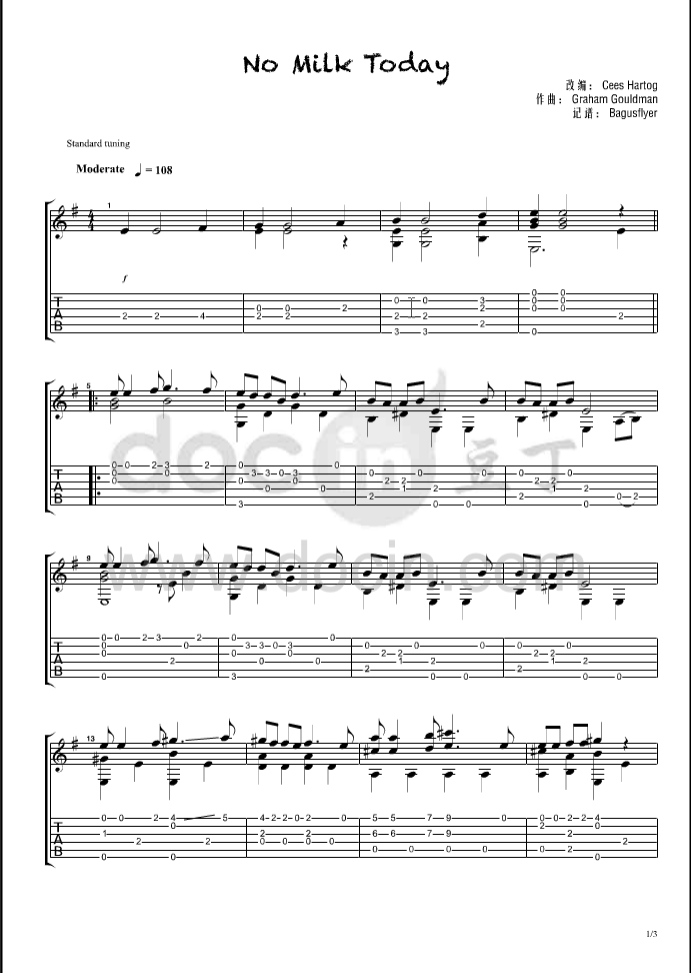No Milk Today吉他六线谱 Herman&039sHe NoMilkToday独奏谱原调六线谱 豆丁网 调 HermanisHermits NoMilkToday