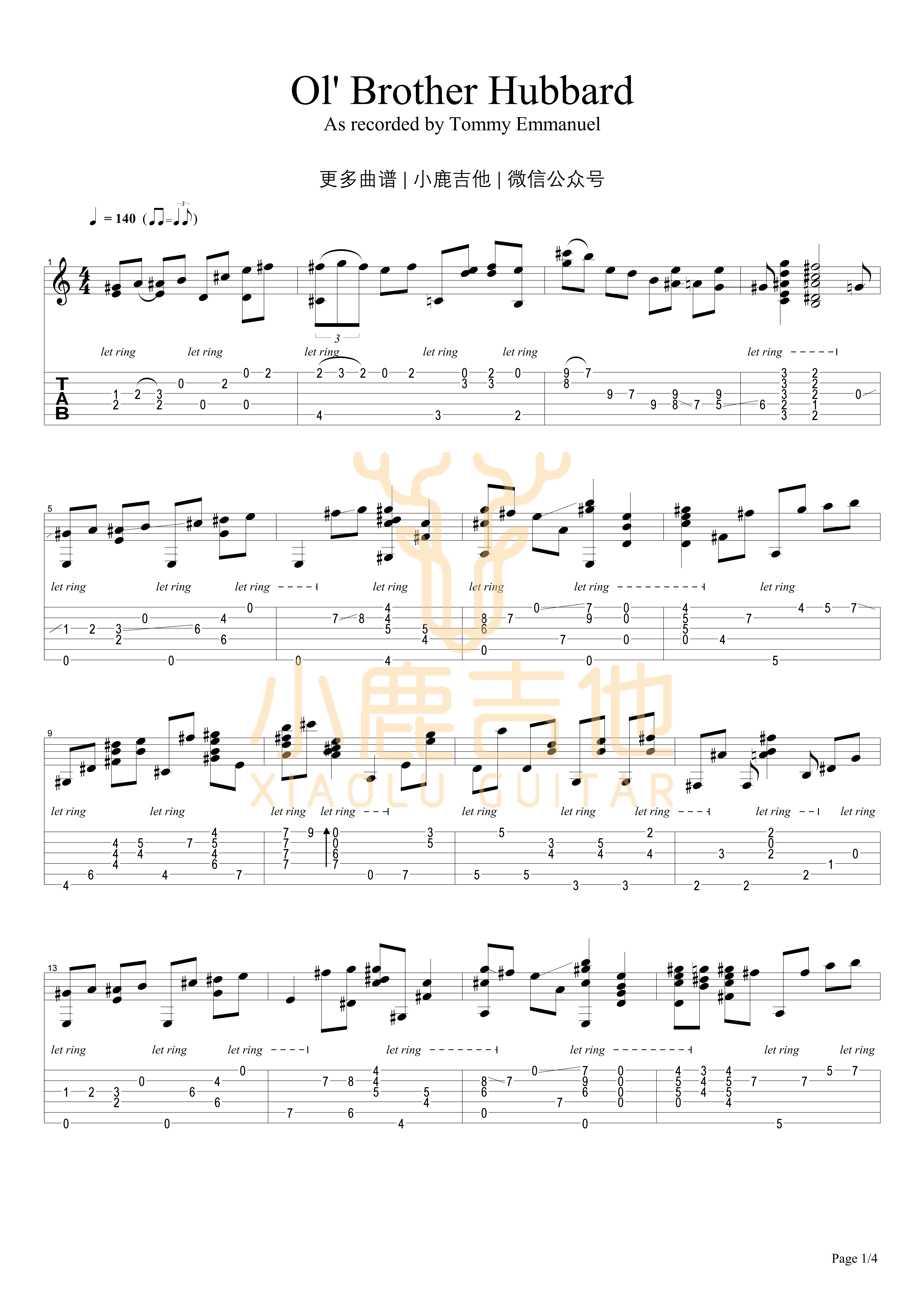 Ol Brother Hubbard吉他六线谱 TommyEmmanuel OlBrotherHubbard 小鹿吉他