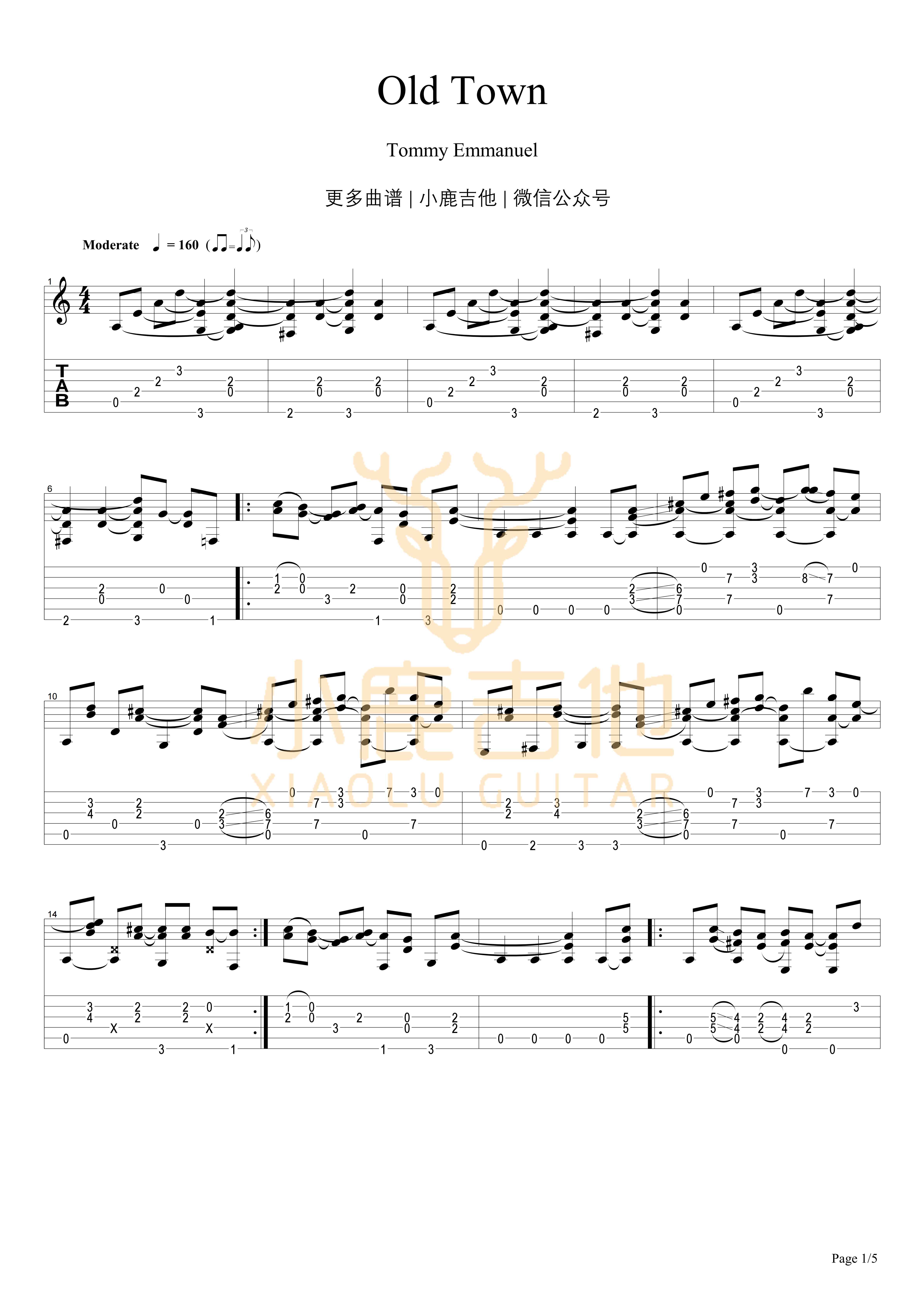 Old Town吉他六线谱 TommyEmmanuel OldTown 小鹿吉他