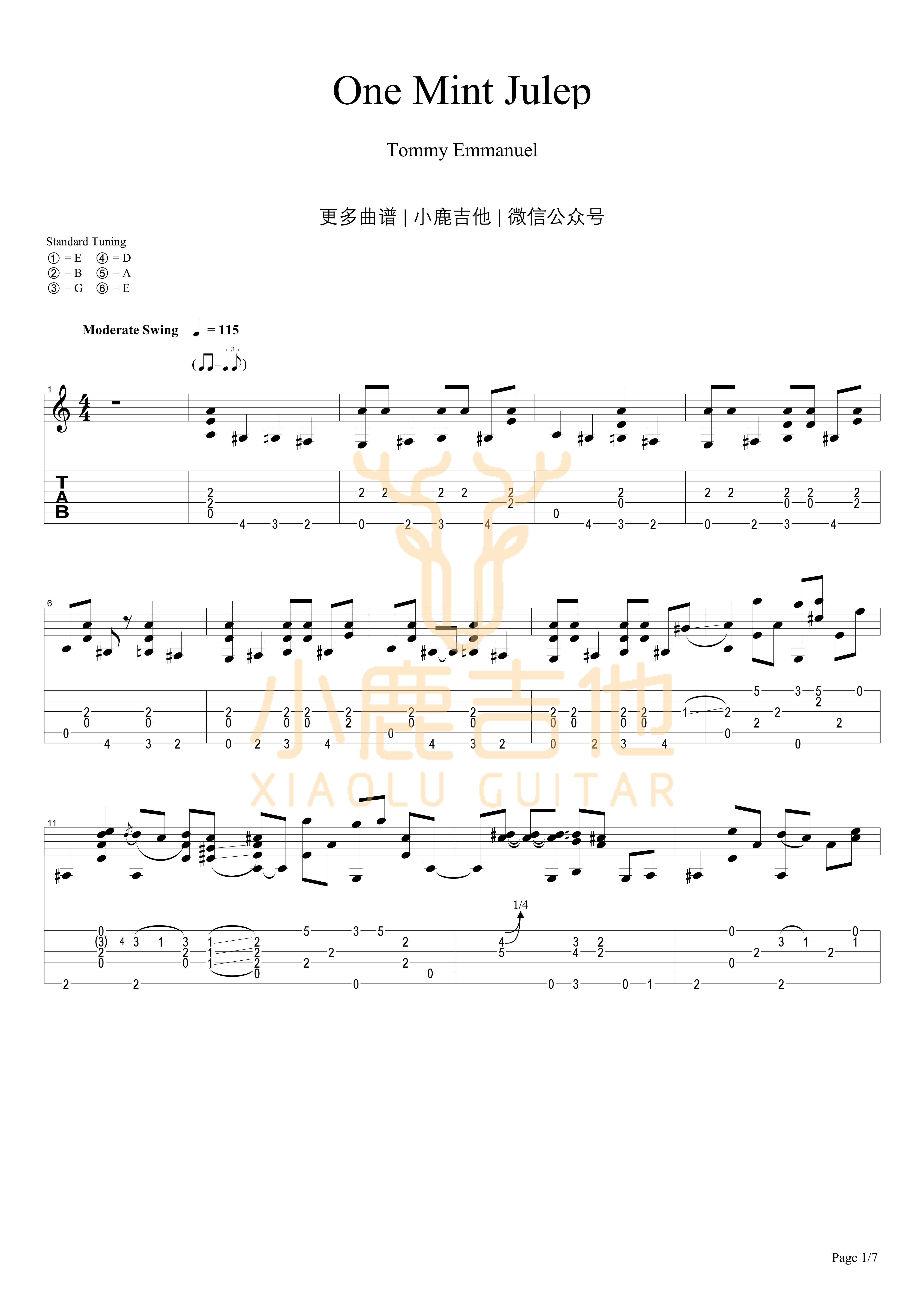 One Mint Julep吉他六线谱 TommyEmmanuel OneMintJulep 小鹿吉他