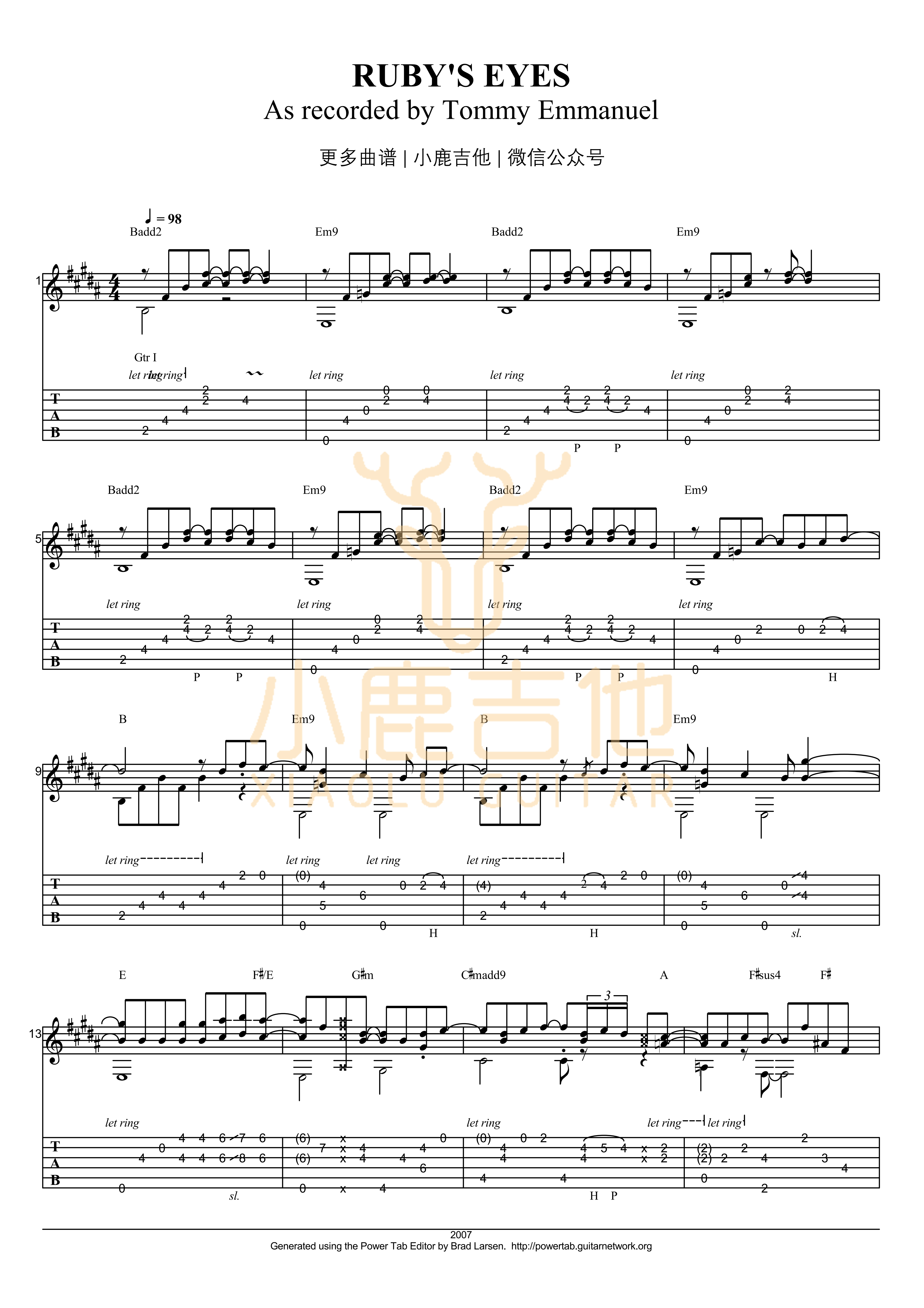 Rubys eyes吉他六线谱 TommyEmmanuel Rubyseyes 小鹿吉他