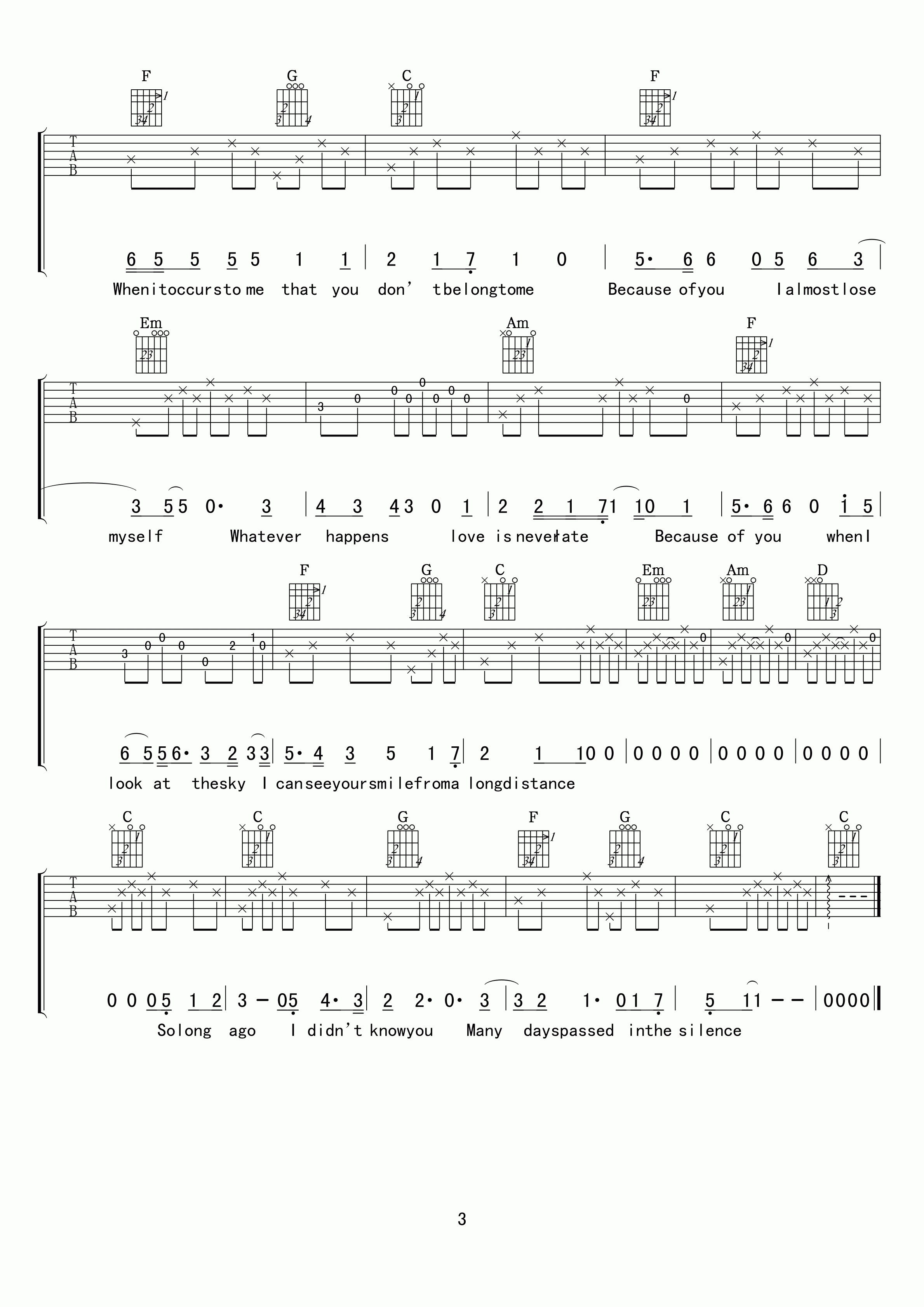 So long ago吉他六线谱 drycell Solongago 小叶歌吉他 D调 