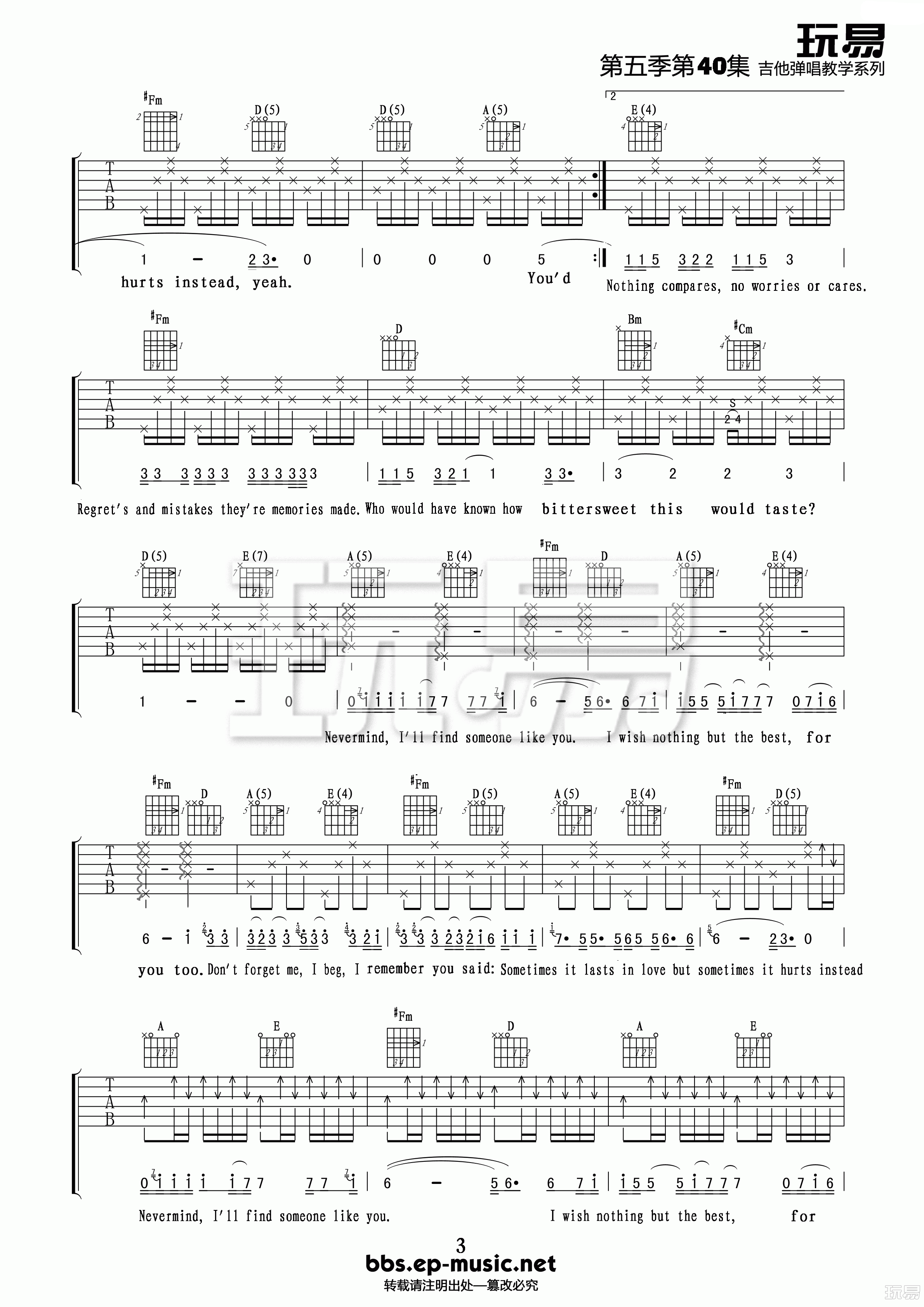 Someone like you吉他六线谱 Adele Someonelikeyou 玩易吉他 A调