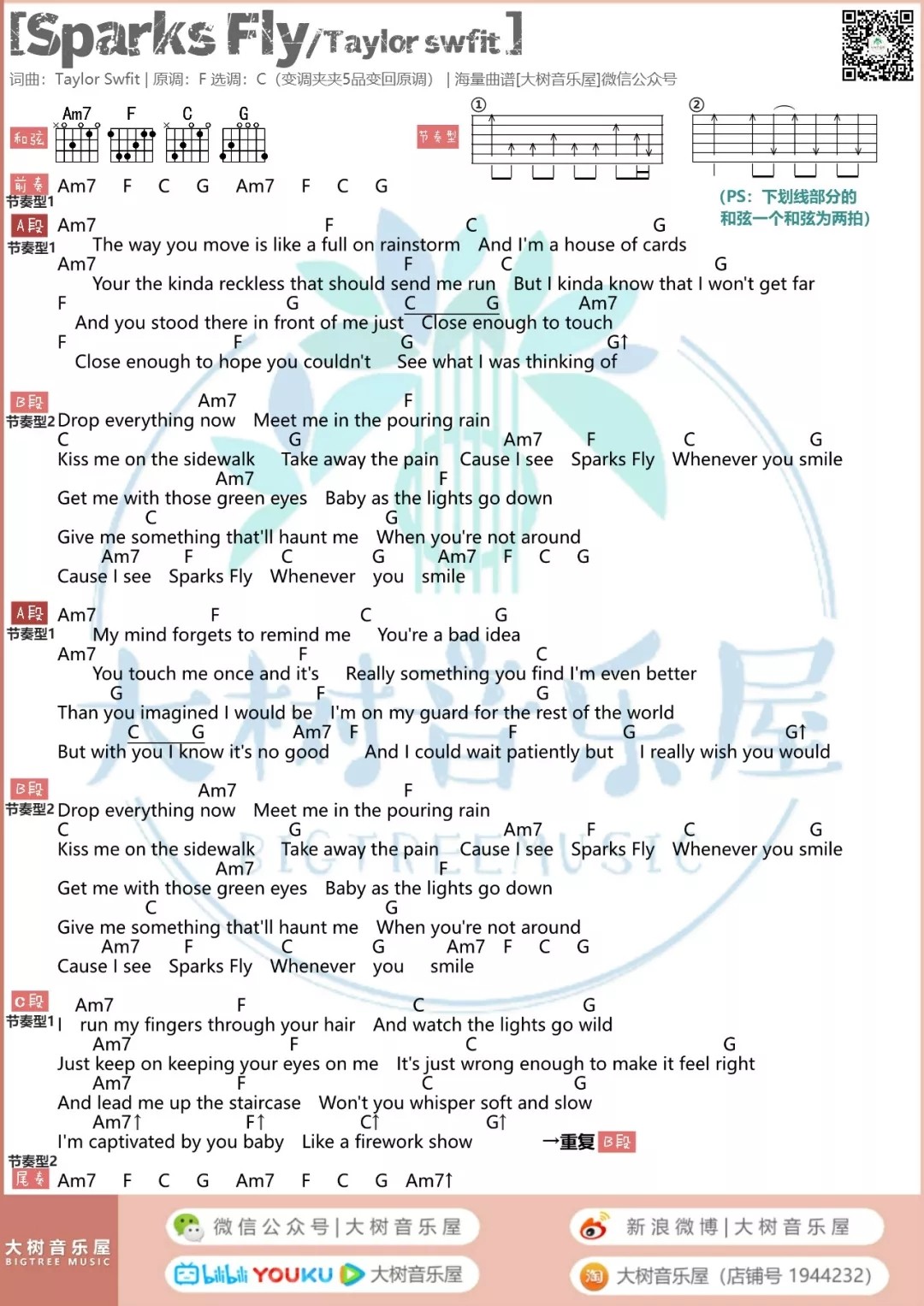 Sparks Fly吉他六线谱 TaylorSwift SparksFly 大树音乐屋 C调