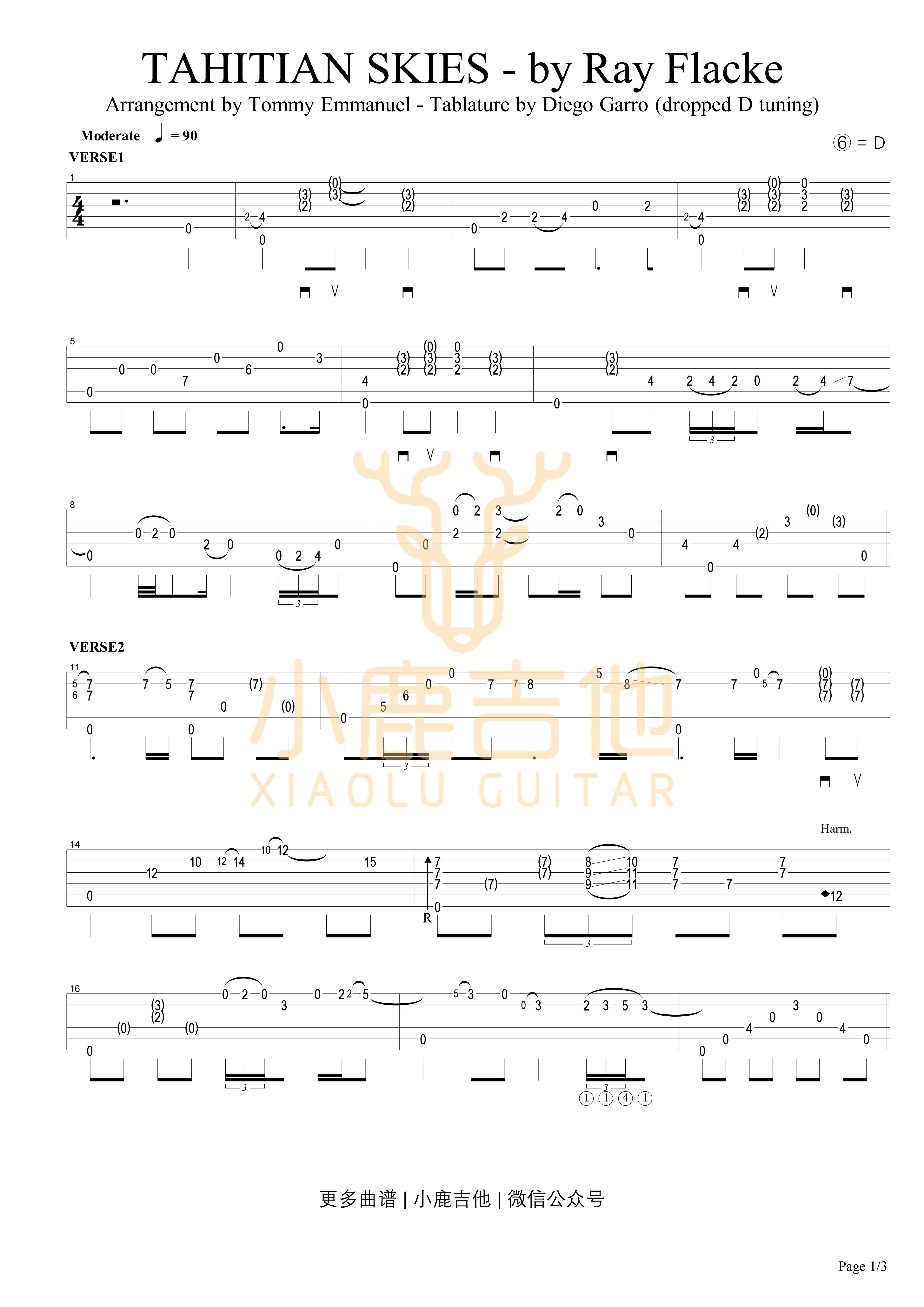 TAHITIAN SKIKS吉他六线谱 TommyEmmanuel TAHITIANSKIKS 小鹿吉他