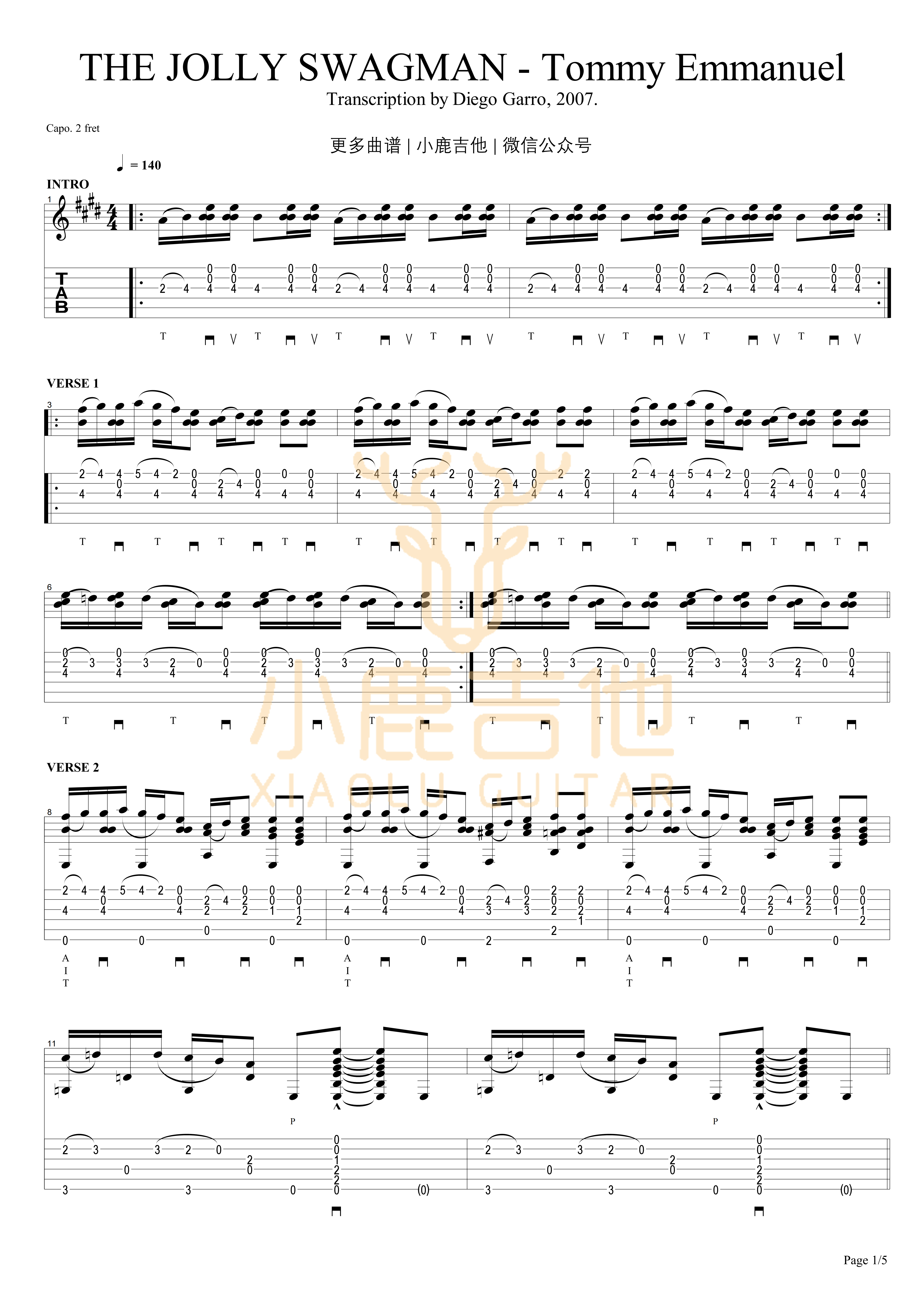 THE JOLLY SWAGMAN吉他六线谱 TommyEmmanuel THEJOLLYSWAGMAN- 小鹿吉他