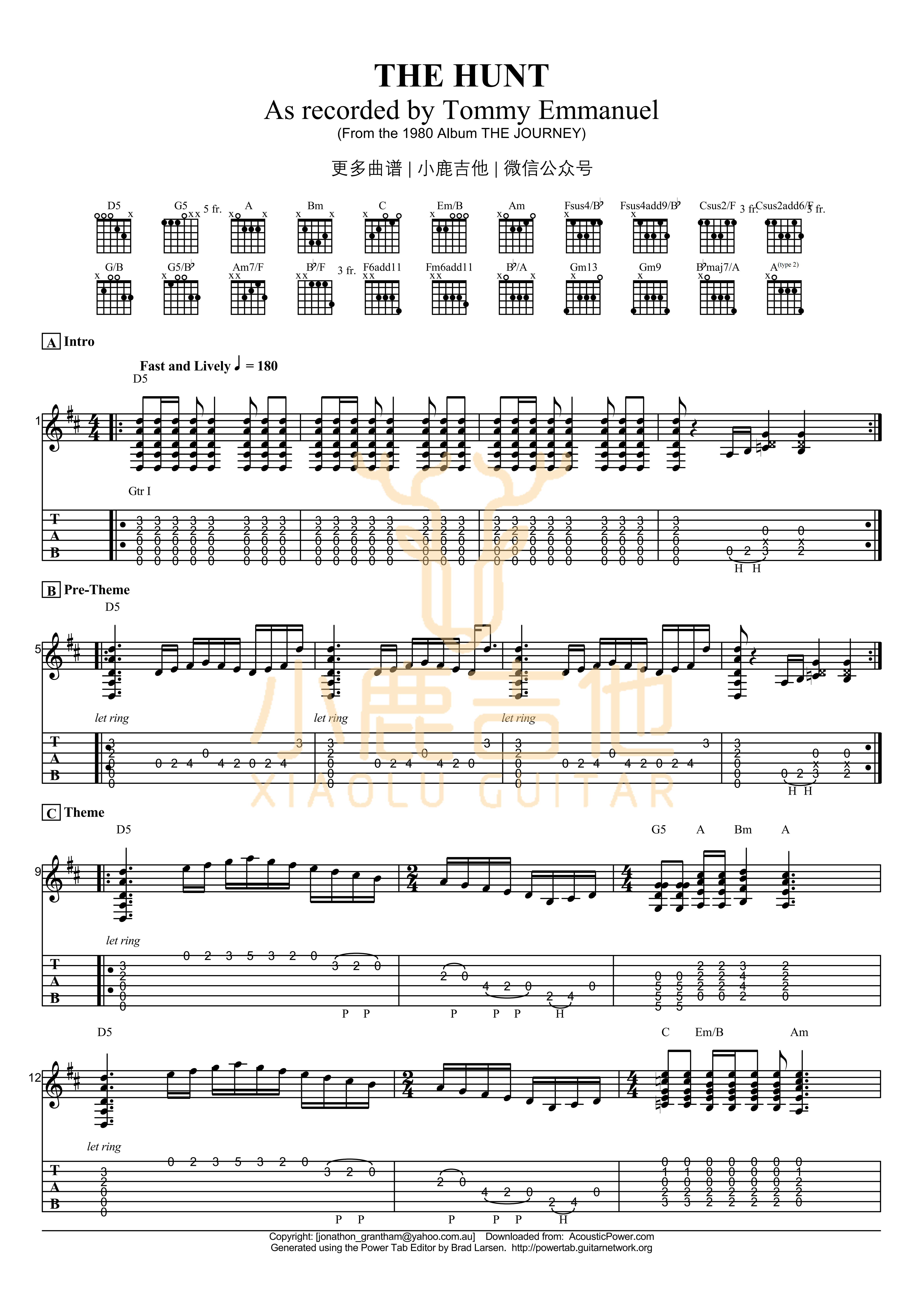 The Hunt吉他六线谱 TommyEmmanuel TheHunt 小鹿吉他