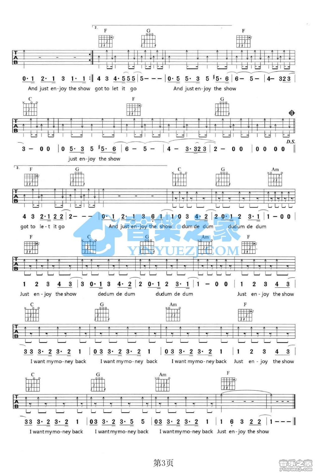 The Show吉他六线谱 Lenka TheShow 音乐之家 C调
