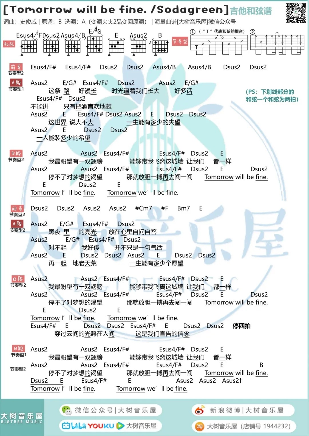 Tomorrow will be fine吉他六线谱 苏打绿 Tomorrowwillbefine 大树音乐屋 A调