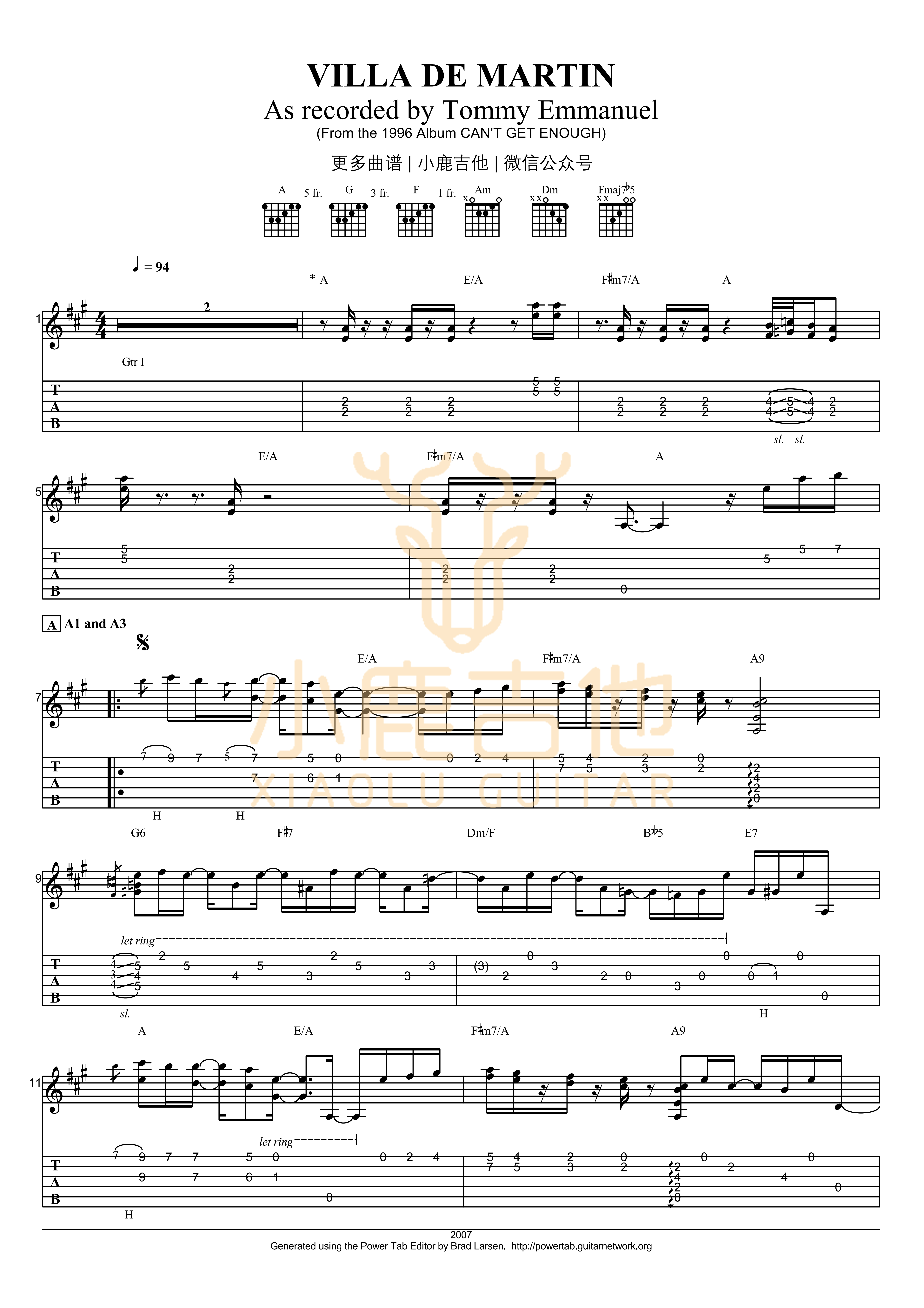 Villa de Martin吉他六线谱 TommyEmmanuel VilladeMartin 小鹿吉他