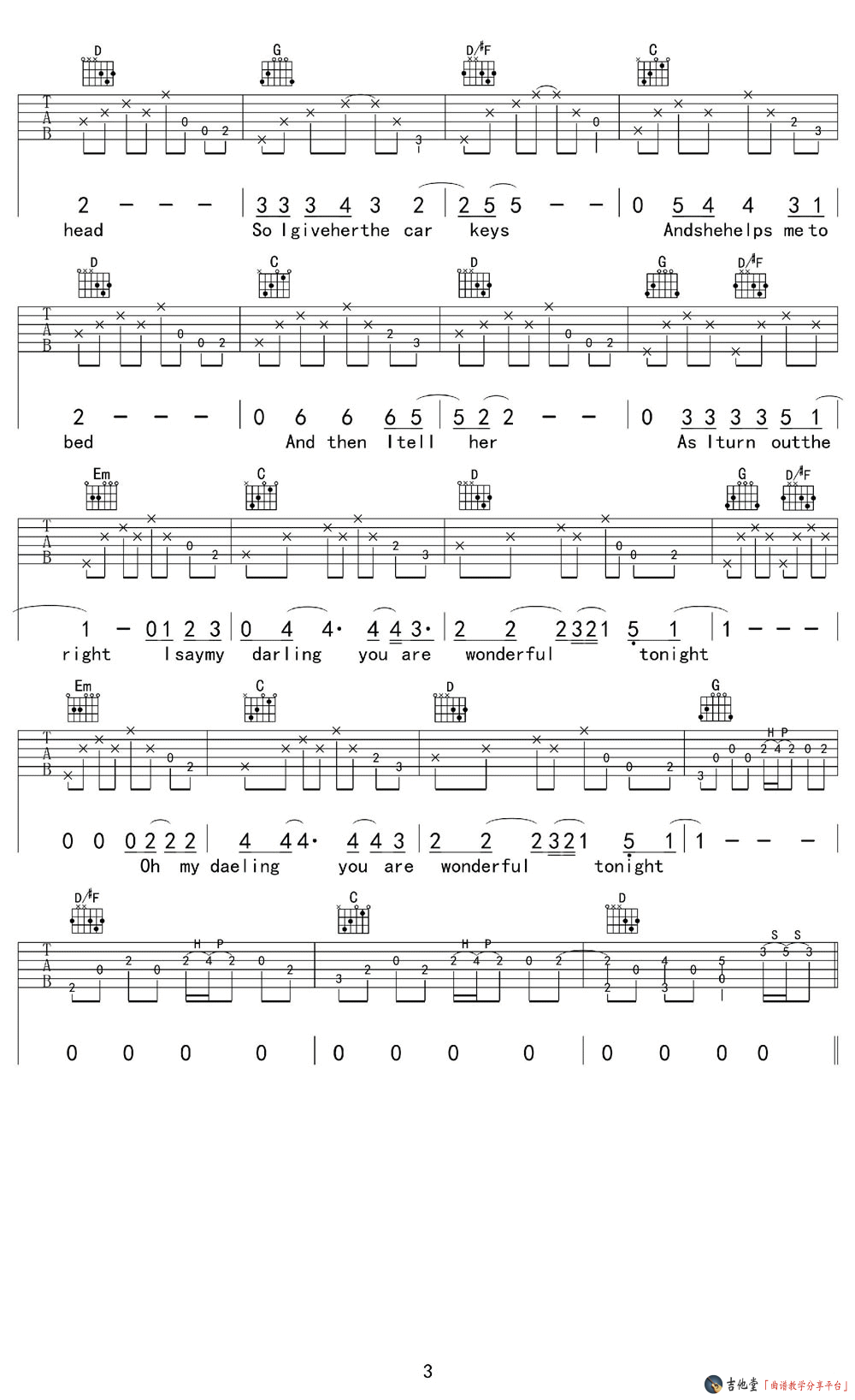 Wonderful Tonight吉他六线谱 EricClapton WonderfulTonight 八音阁 G调