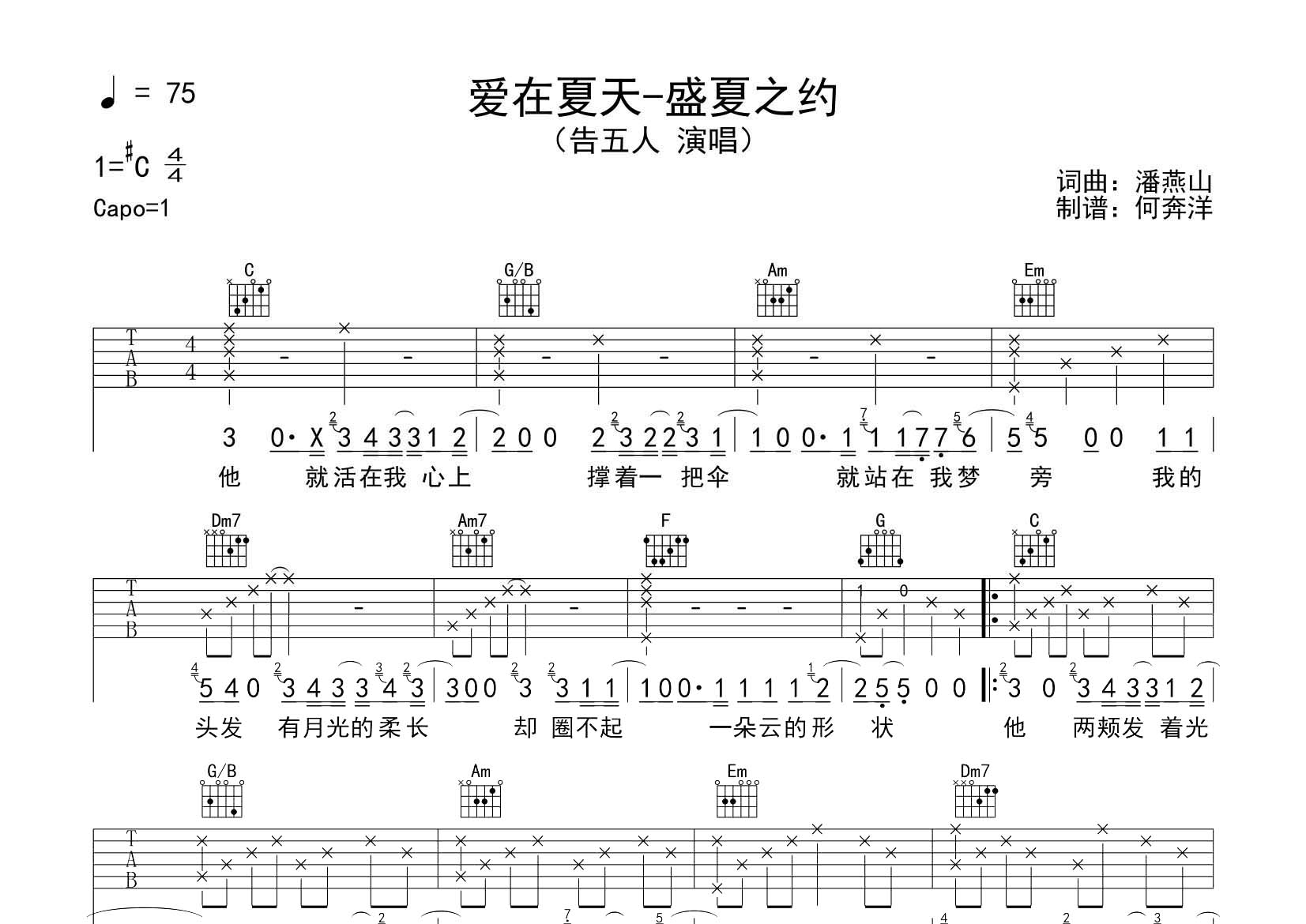 爱在夏天吉他六线谱 告五人 飞韵吉他 C调