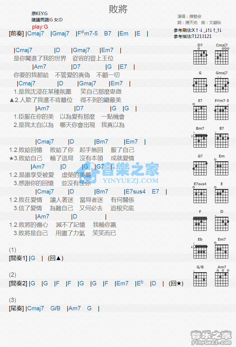败将吉他六线谱 陈势安 音乐之家 G调