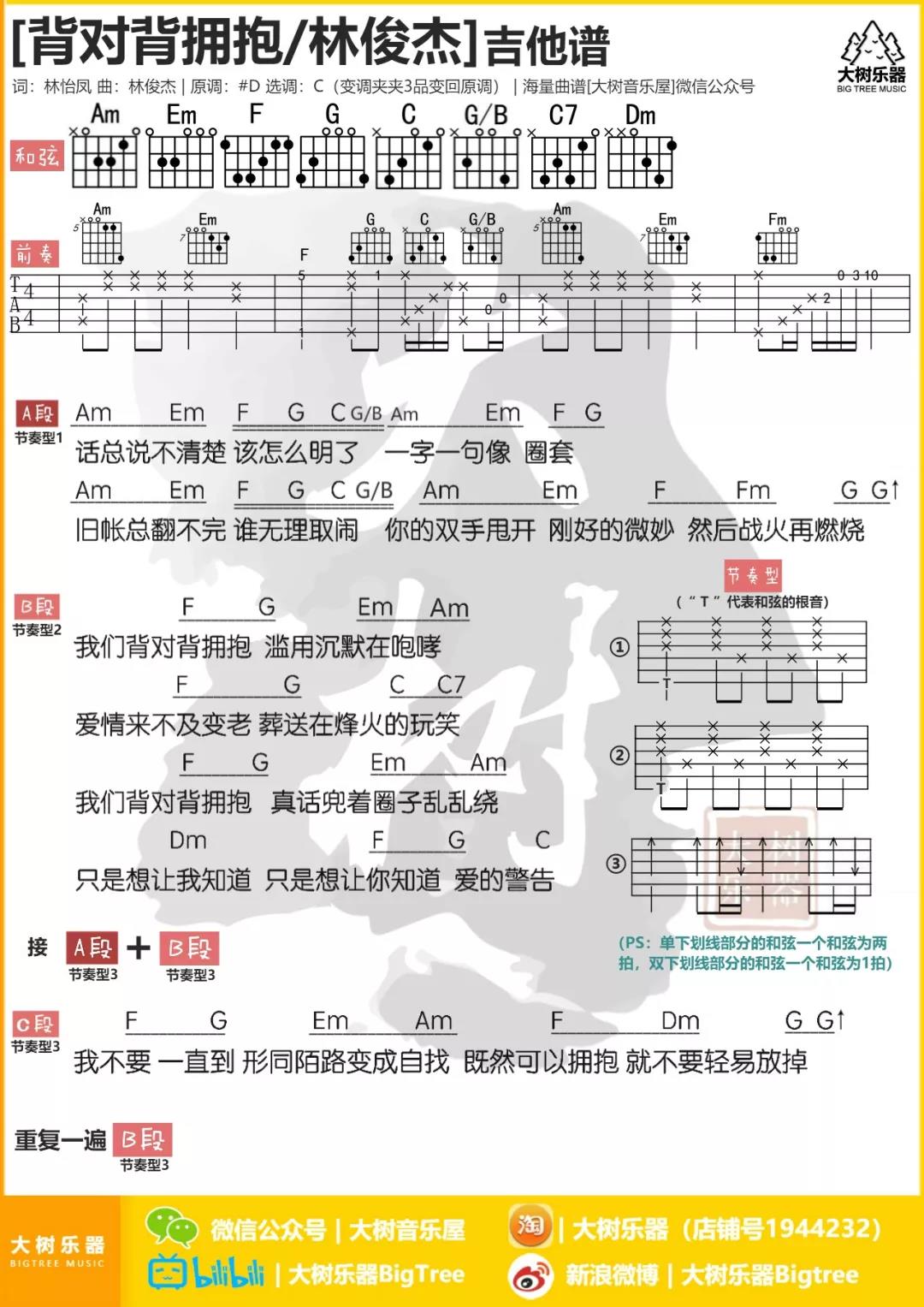 背对背拥抱吉他六线谱 林俊杰 大树音乐屋 C调
