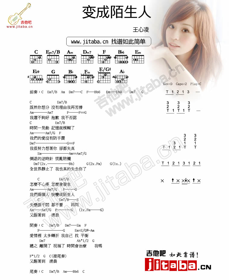 变成陌生人吉他六线谱 王心凌 吉他吧 C调