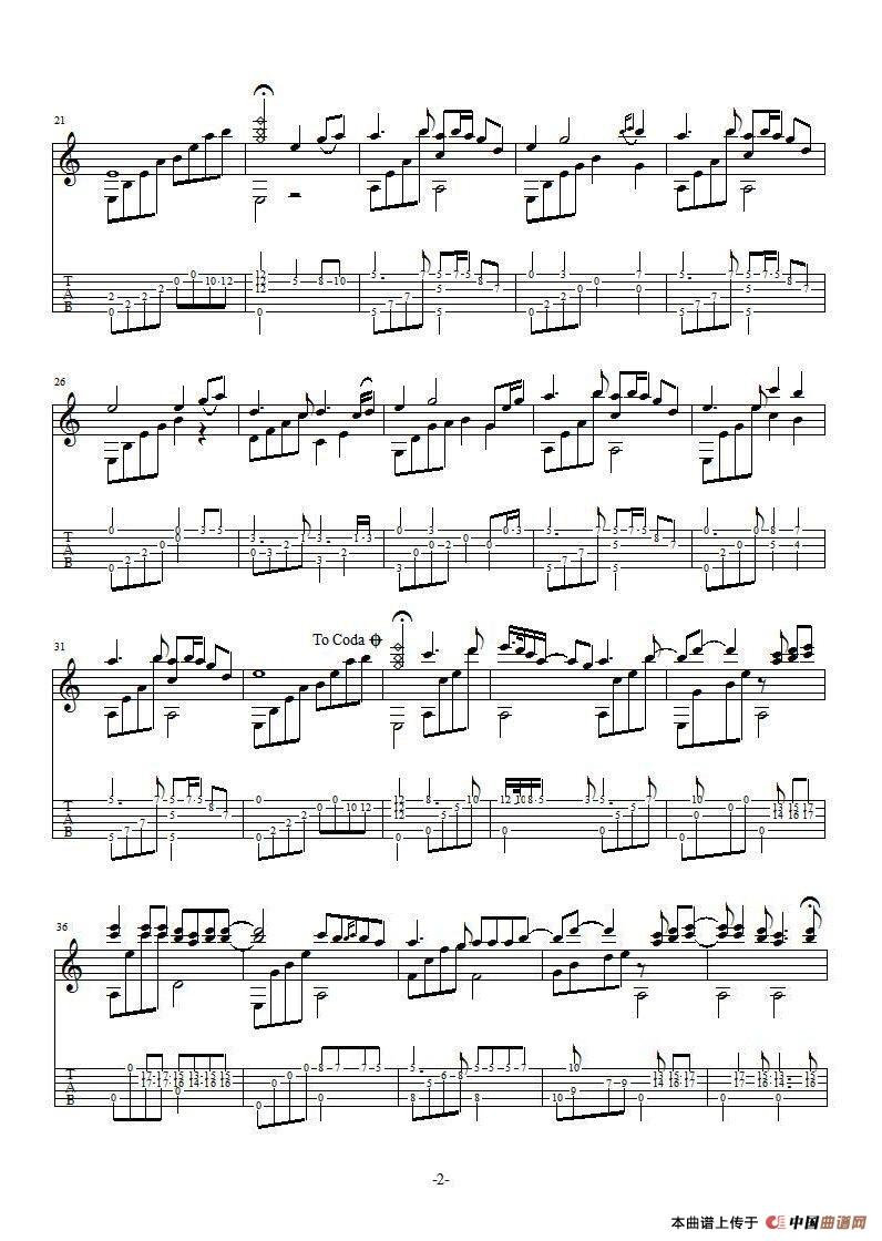 布列瑟农吉他六线谱 马修·连恩 布列瑟农独奏谱原调六线谱 中国曲谱网编配 中国曲谱网 调