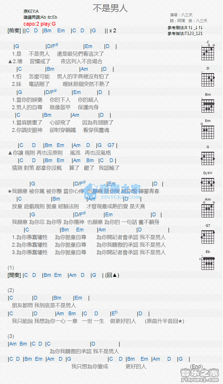 不是男人吉他六线谱 八三夭 音乐之家 G调