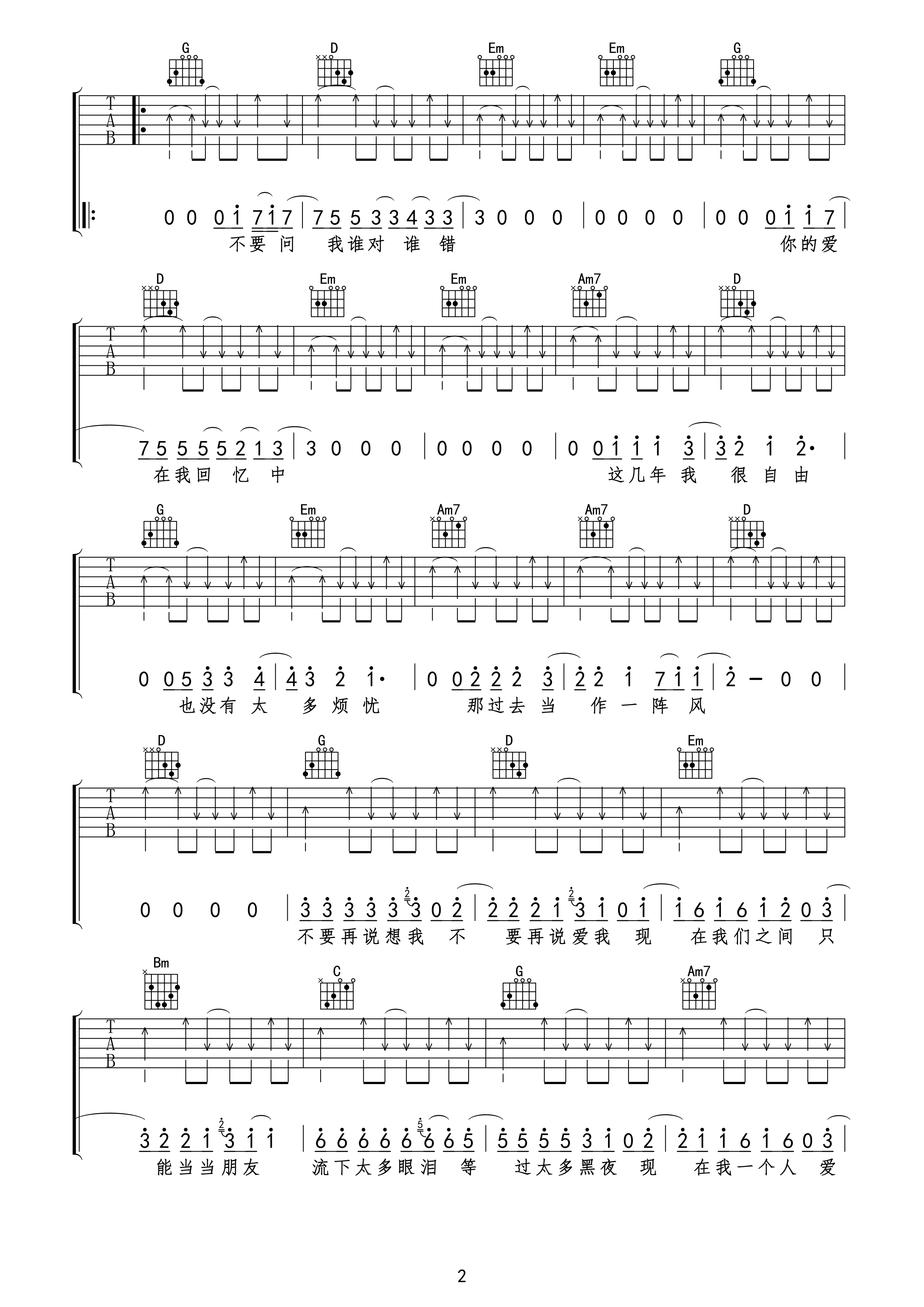 不要说爱我吉他六线谱 张震岳 阿他 A调