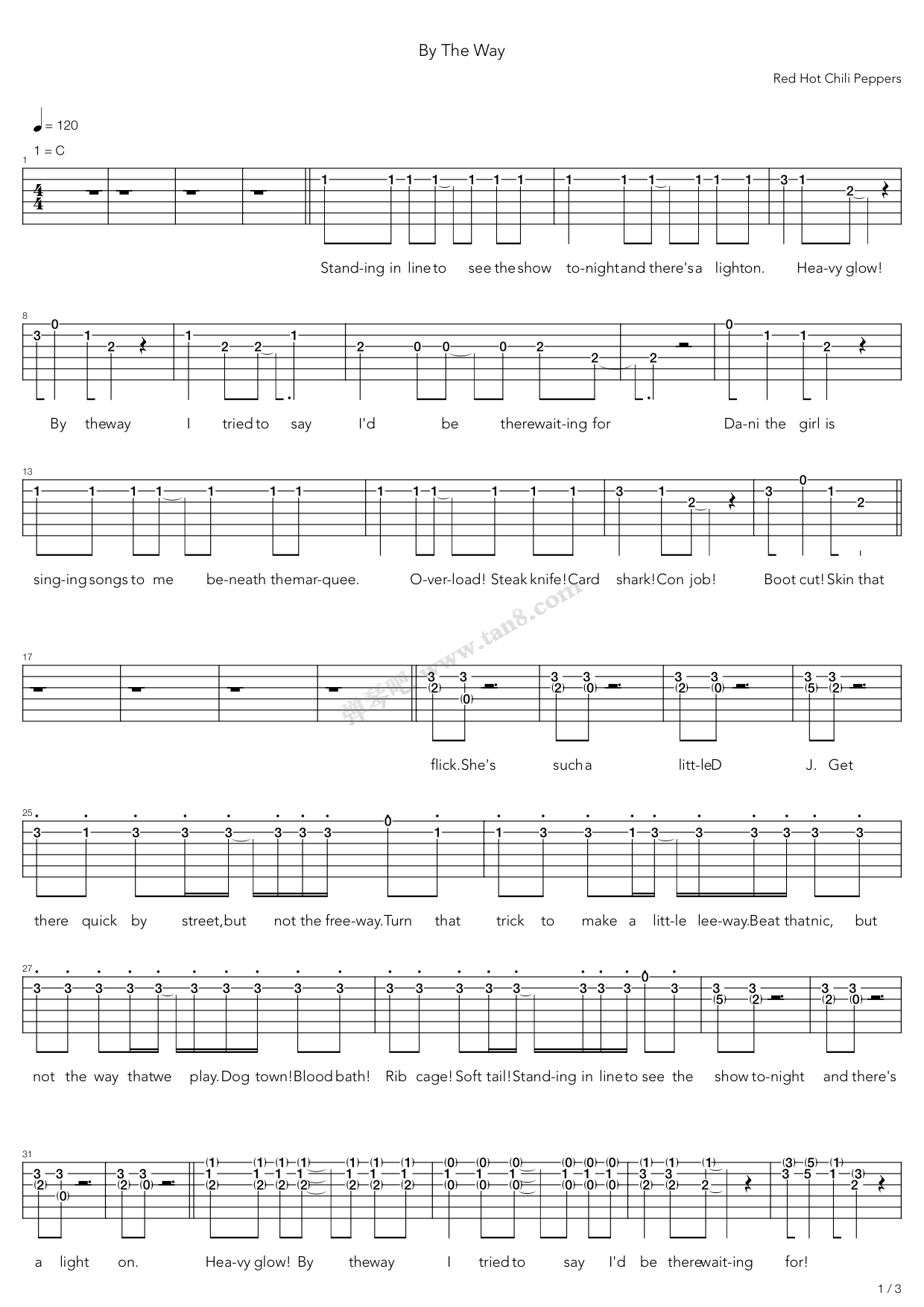 by the way吉他六线谱 RedHotChiliPeppers bytheway 弹琴吧 C调
