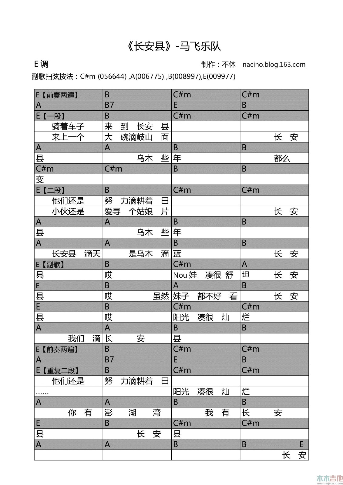 长安县吉他六线谱 马飞 不休 E调