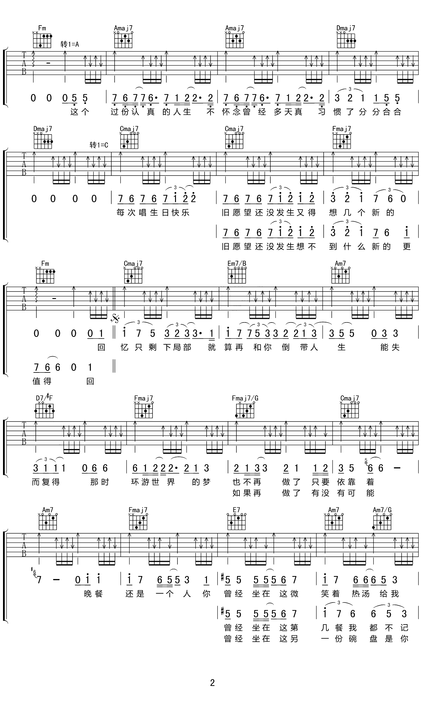 倒带人生吉他六线谱 陈奕迅 吉他163 C调