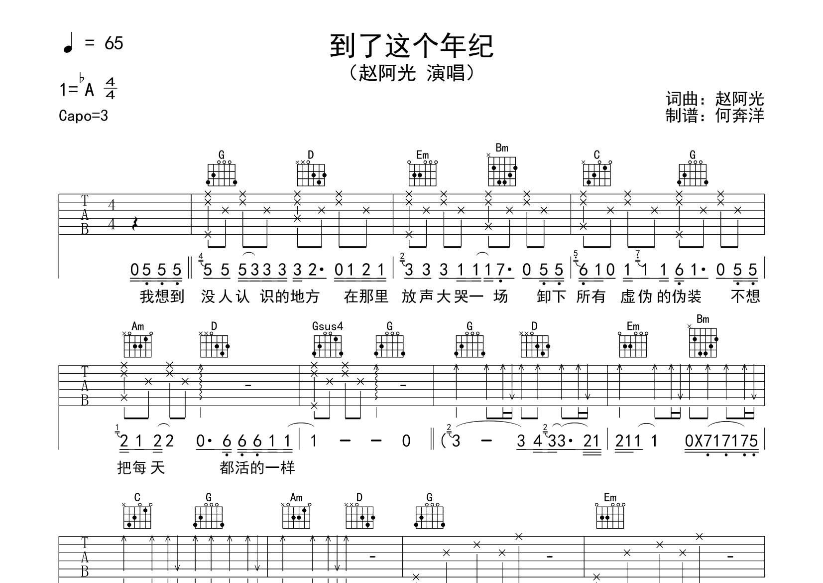 到了这个年纪吉他六线谱 赵阿光 飞韵吉他 G调