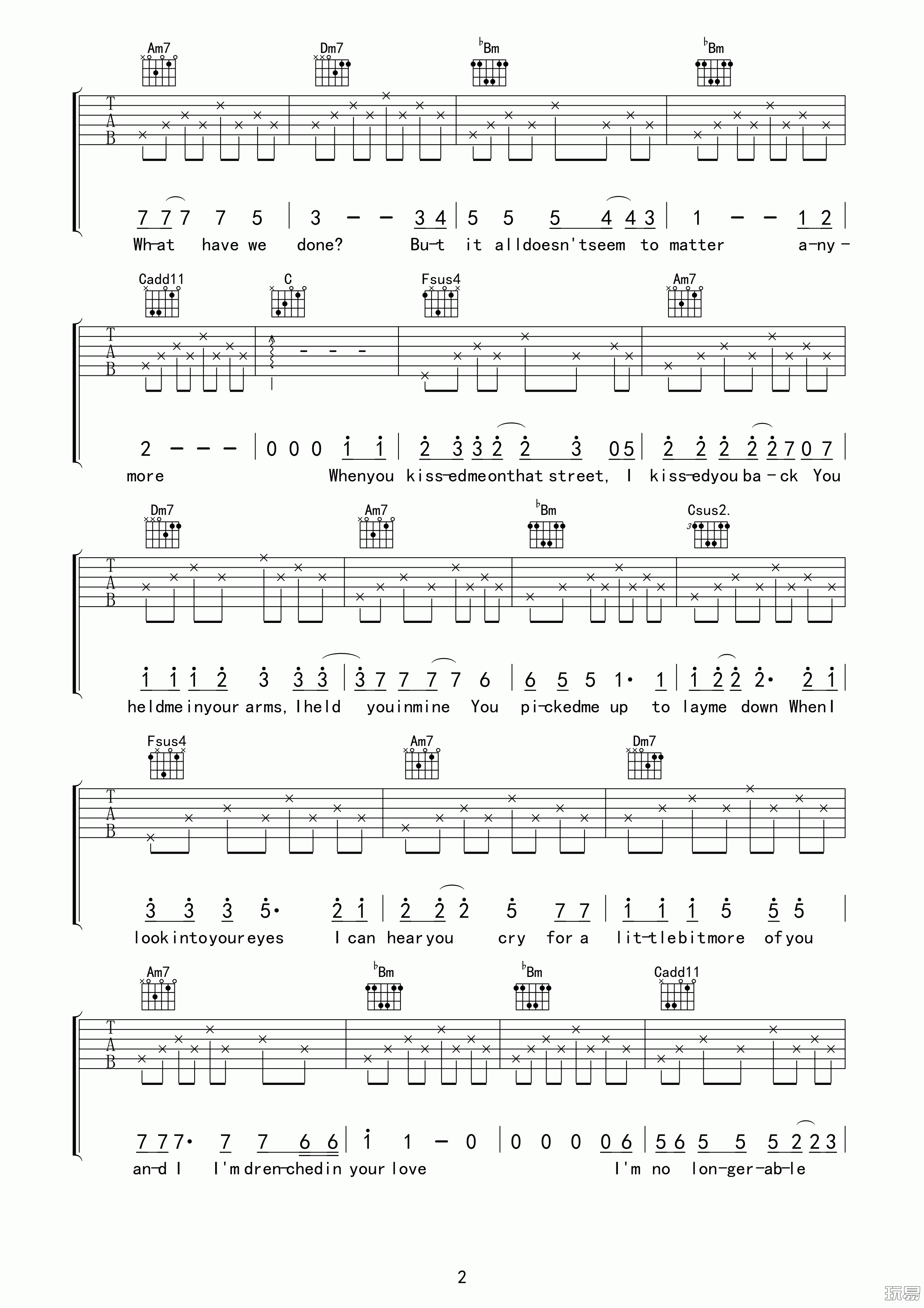 drenched吉他六线谱 曲婉婷 玩易吉他 F调