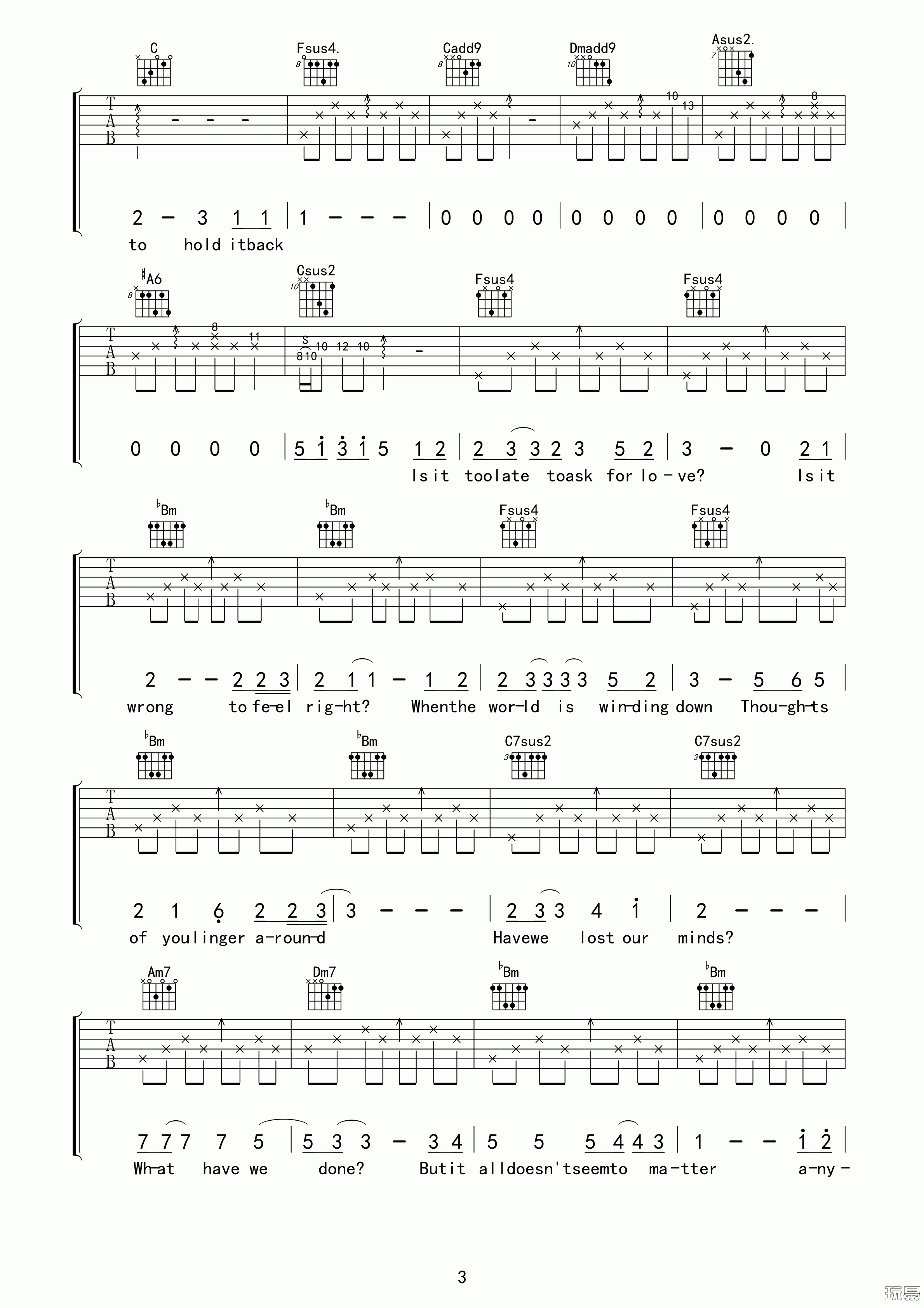 drenched吉他六线谱 曲婉婷 玩易吉他 F调