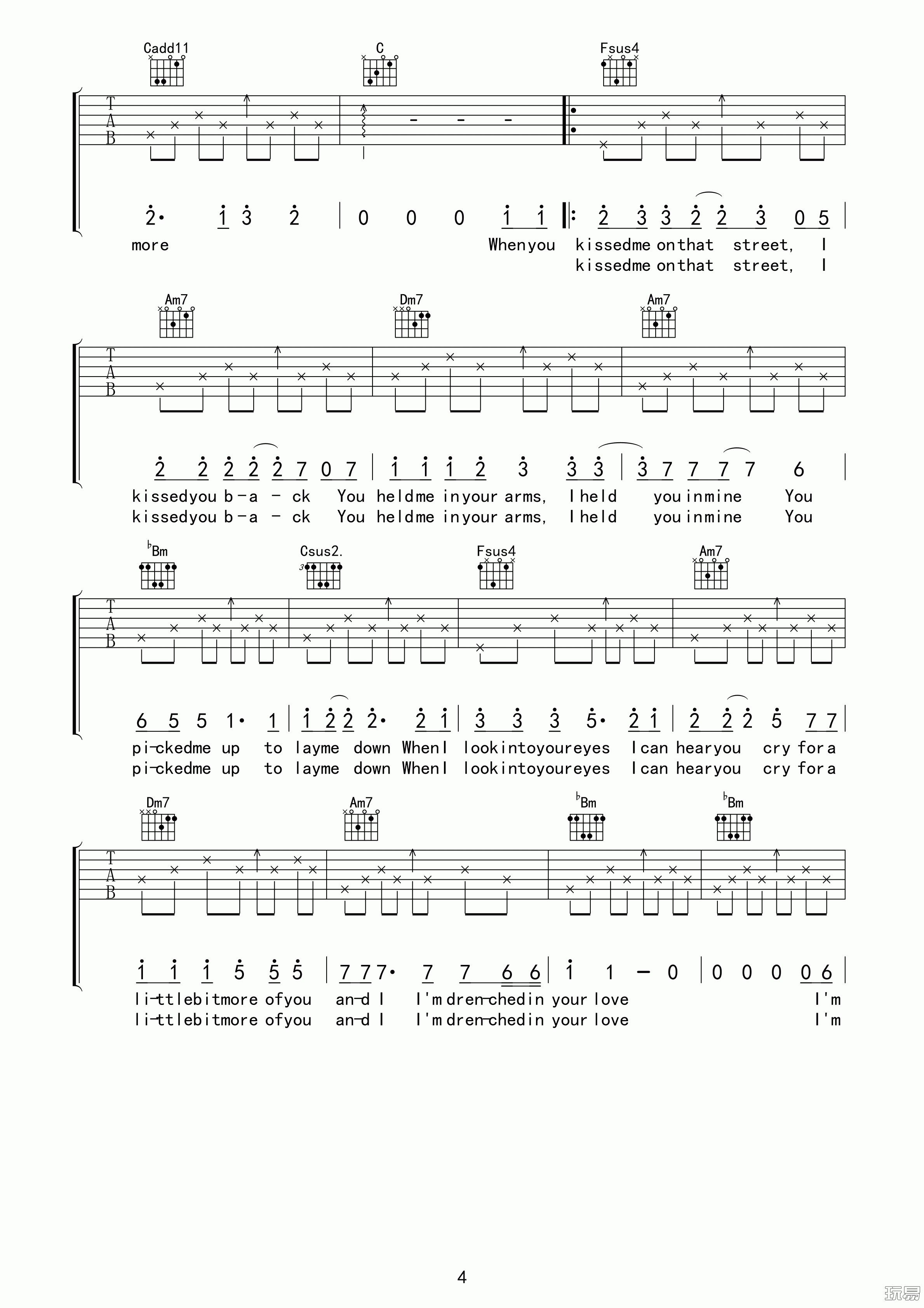 drenched吉他六线谱 曲婉婷 玩易吉他 F调