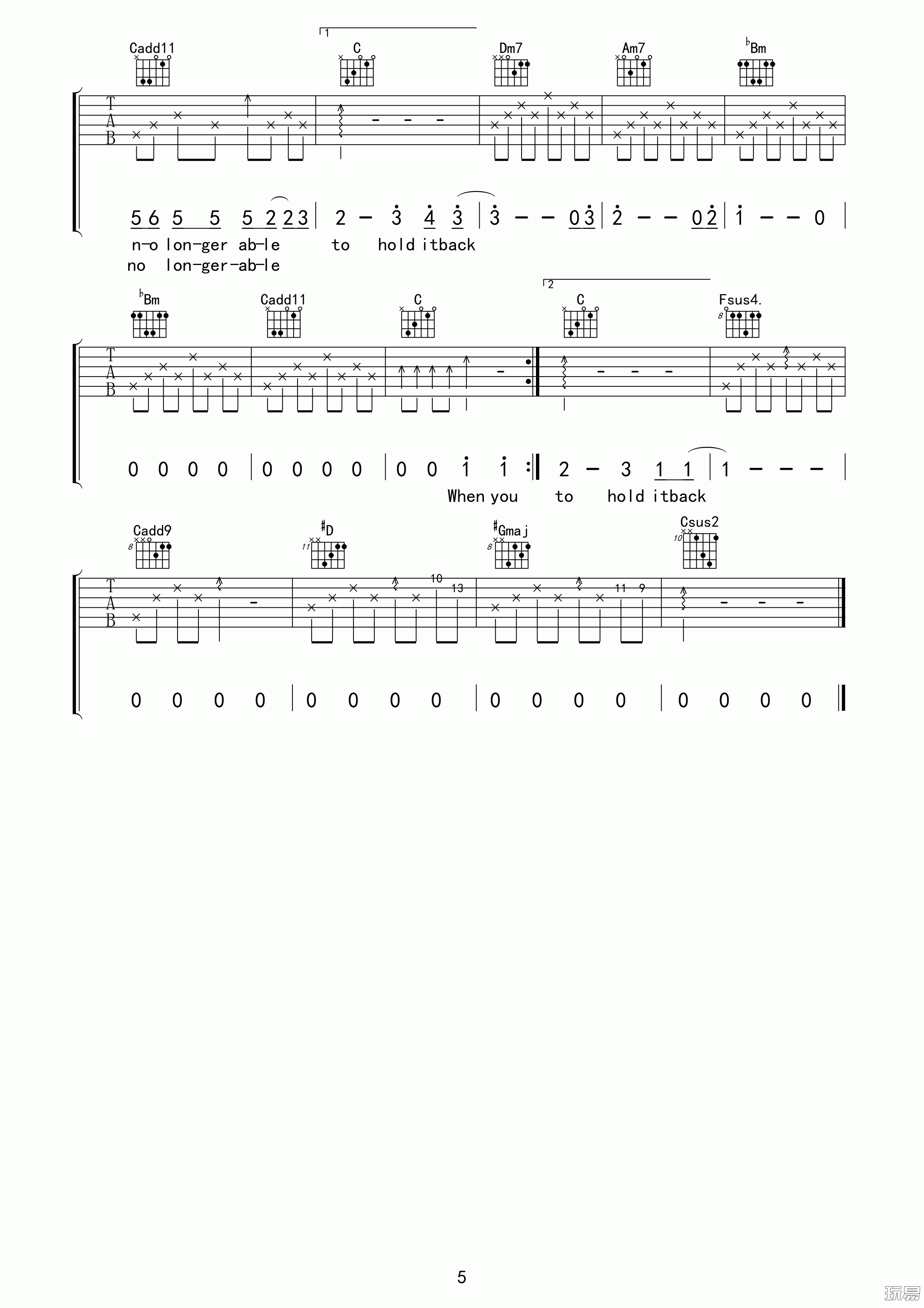 drenched吉他六线谱 曲婉婷 玩易吉他 F调