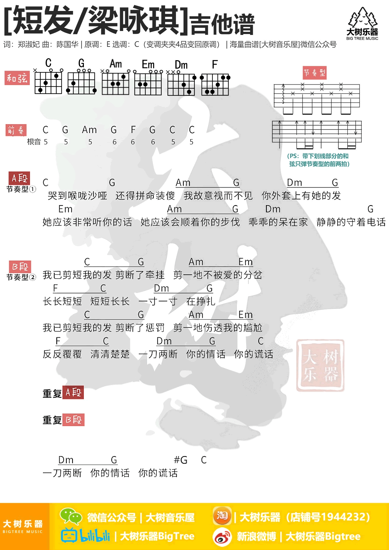 短发吉他六线谱 张靓颖 大树音乐屋 C调