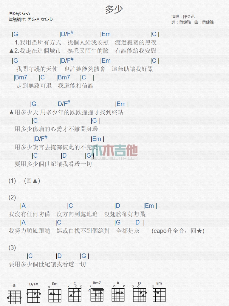 多少吉他六线谱 陈奕迅 木木吉他 G调