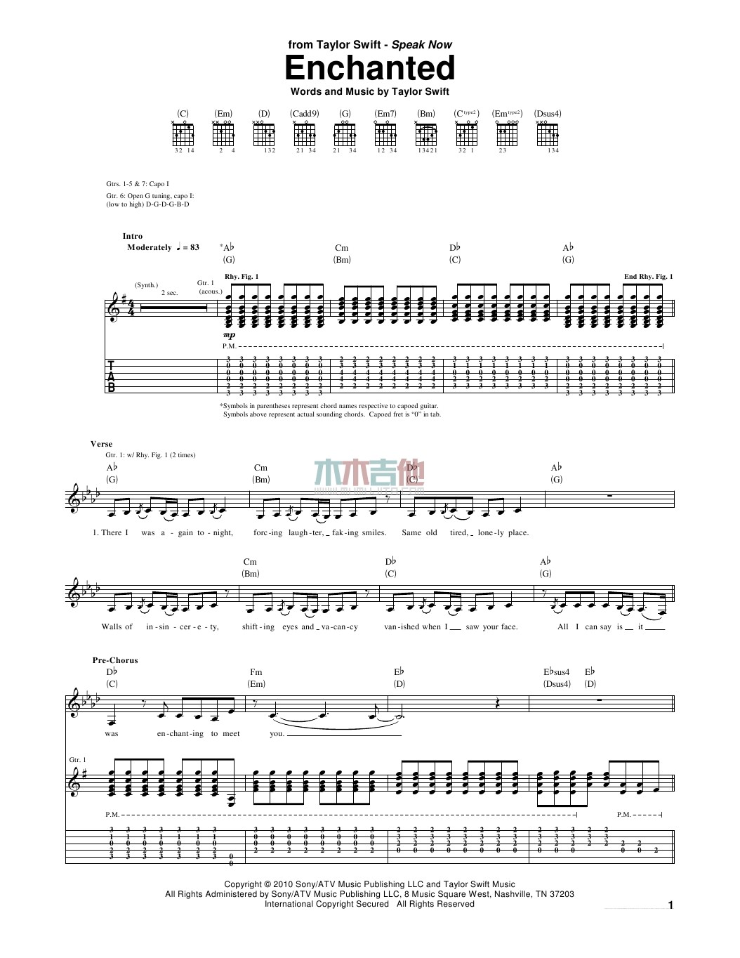 enchanted吉他六线谱 TaylorSwift 木木吉他 