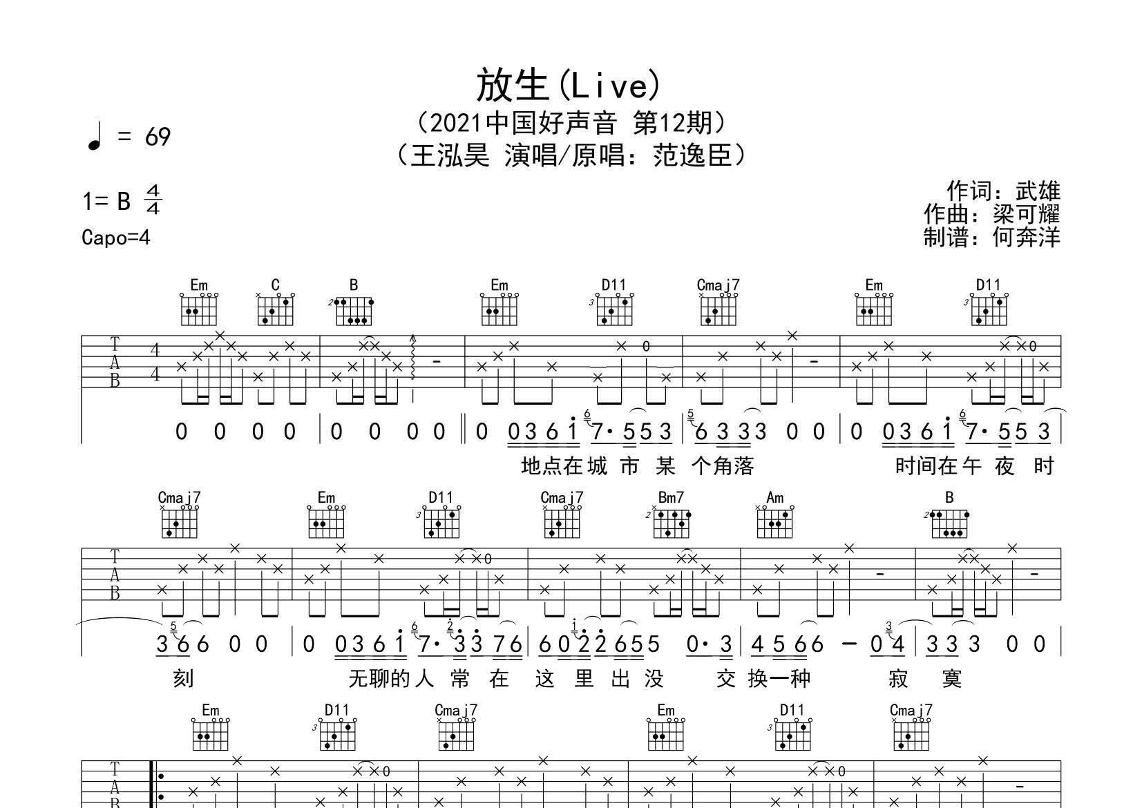 放生吉他六线谱 王泓昊 飞韵吉他 G调 