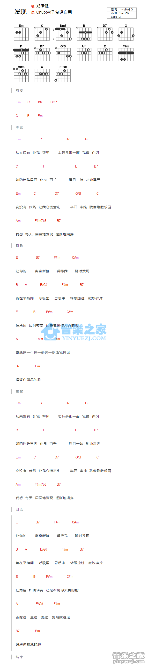 发现吉他六线谱 郑伊健 音乐之家 G调