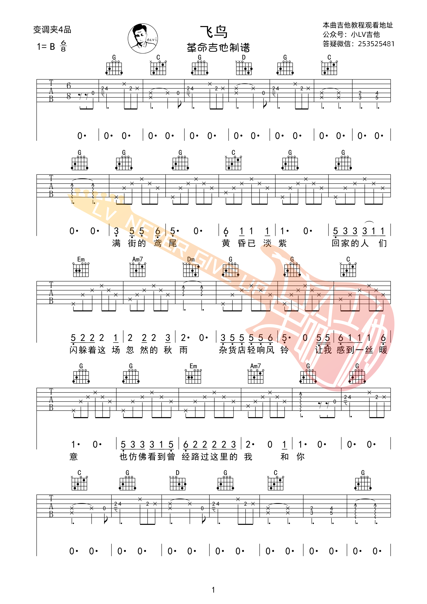 飞鸟吉他六线谱 汪峰 革命吉他 为歌而赞第二季第5期 汪峰飞鸟吉他弹唱伴奏谱革命吉他版 B调