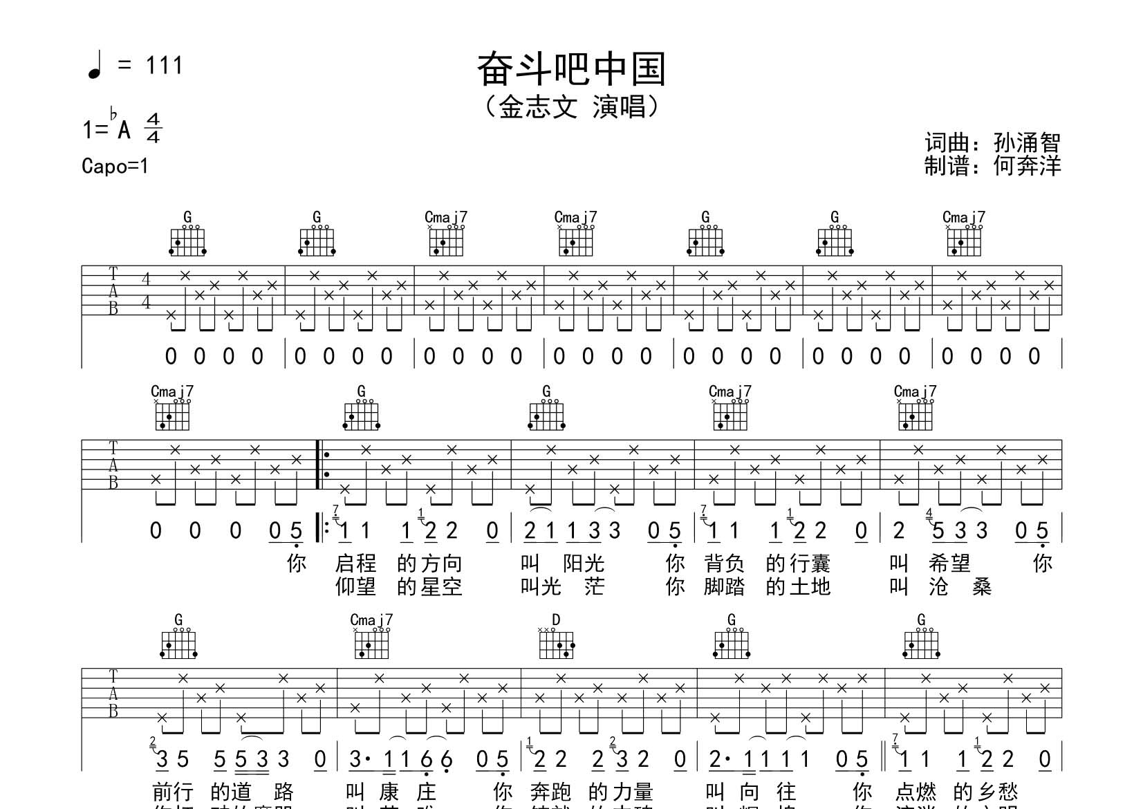 奋斗吧中国吉他六线谱 金志文 飞韵吉他 G调 